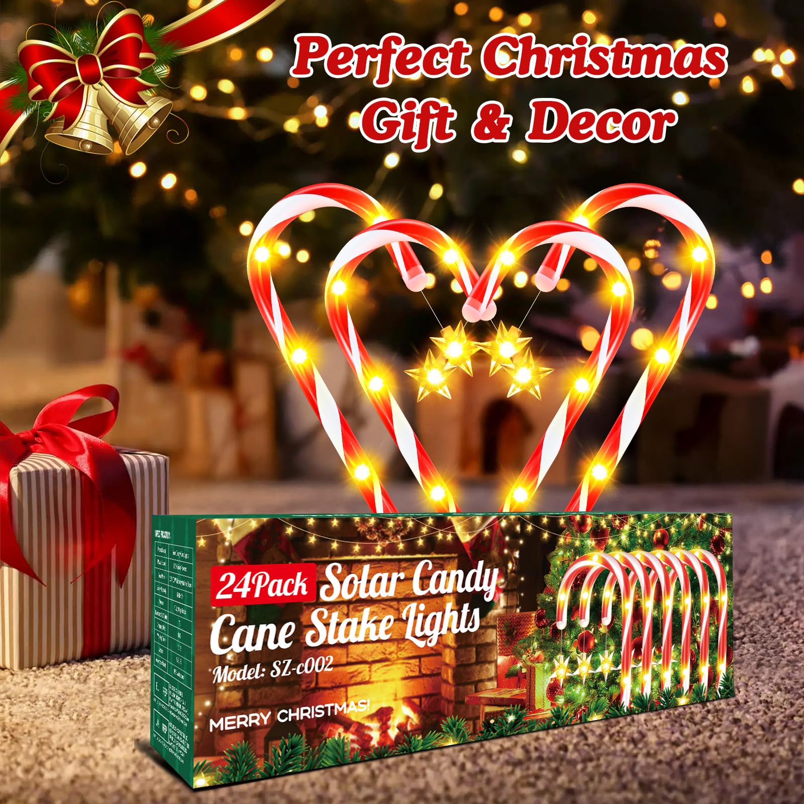 WdtPro Solar Christmas Candy Cane Lights 24-Pack, 10 Modes, Warm, 20in, Waterproof, Model SZ-C002 for Outdoor Yard Decor
