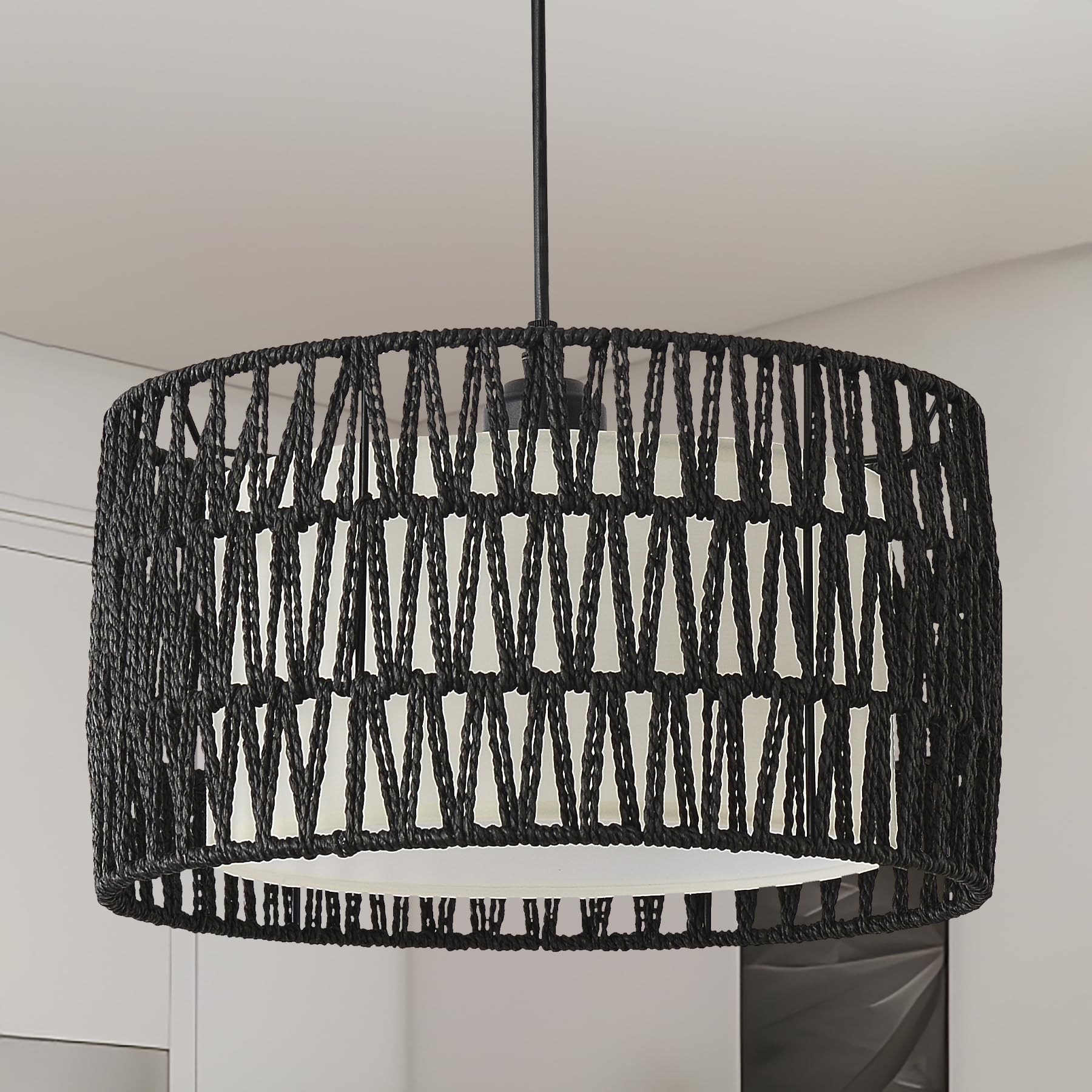 Jtyp Black Rattan Chandelier Light Fixture For Dining Room, 1-Light Farmhouse Pendant Light Hand Woven Chandeliers Boho Wicker P