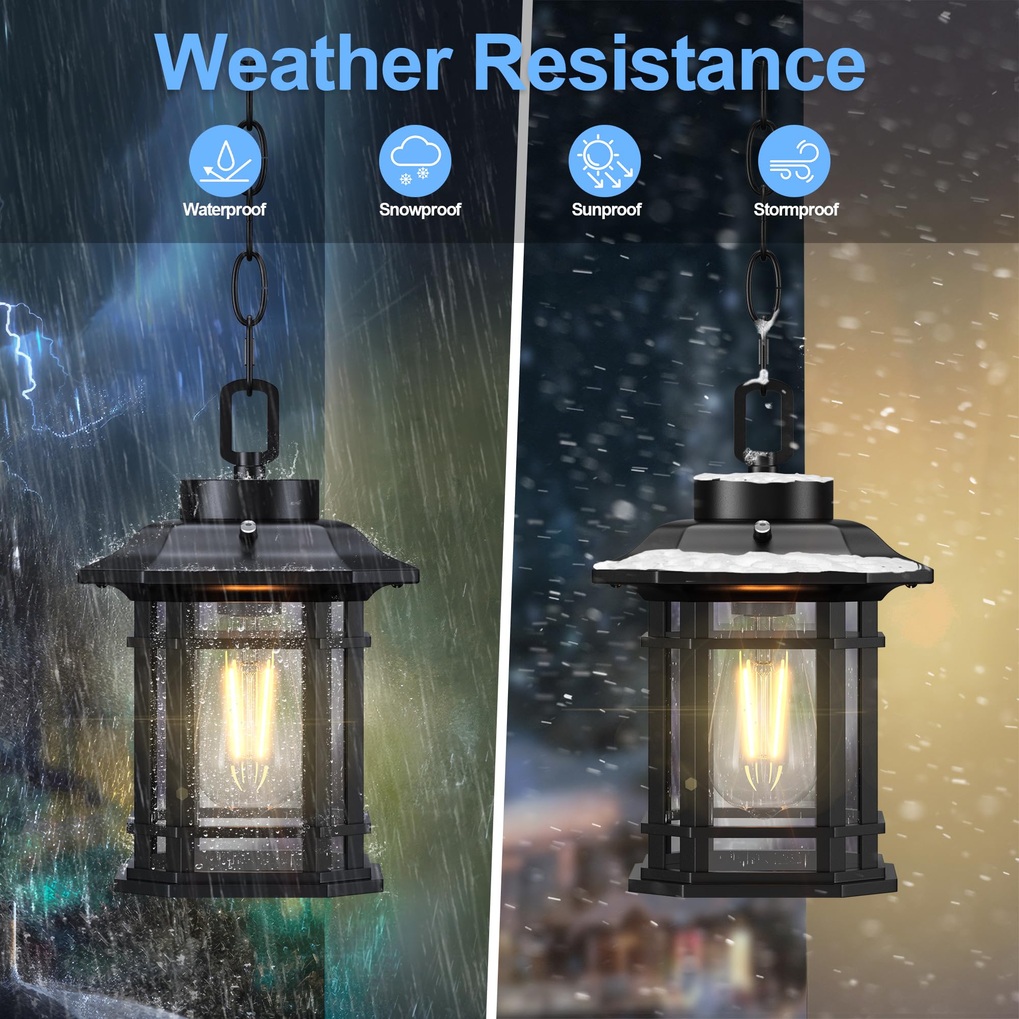 WIHTU Dusk to Dawn Outdoor Pendant Light, Black Aluminum Hanging Fixture, Adjustable Chain, Model WTCL085AB1, Ideal for Porch and Patio