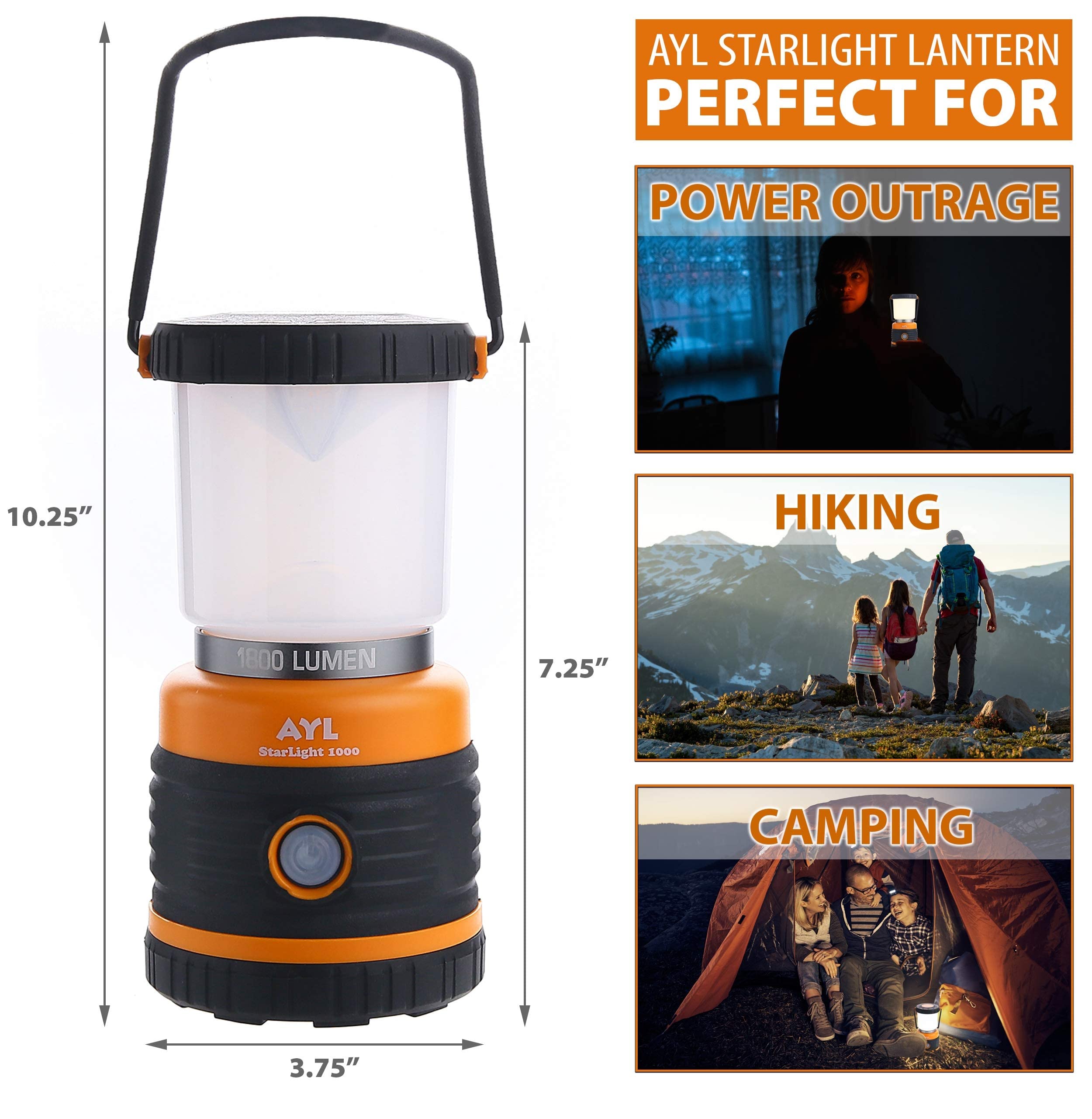 AYL LED Camping Lantern, 1800 Lumens, Rechargeable, IP44 Waterproof, Black and Orange, Model SLR1000, USB Cable Included
