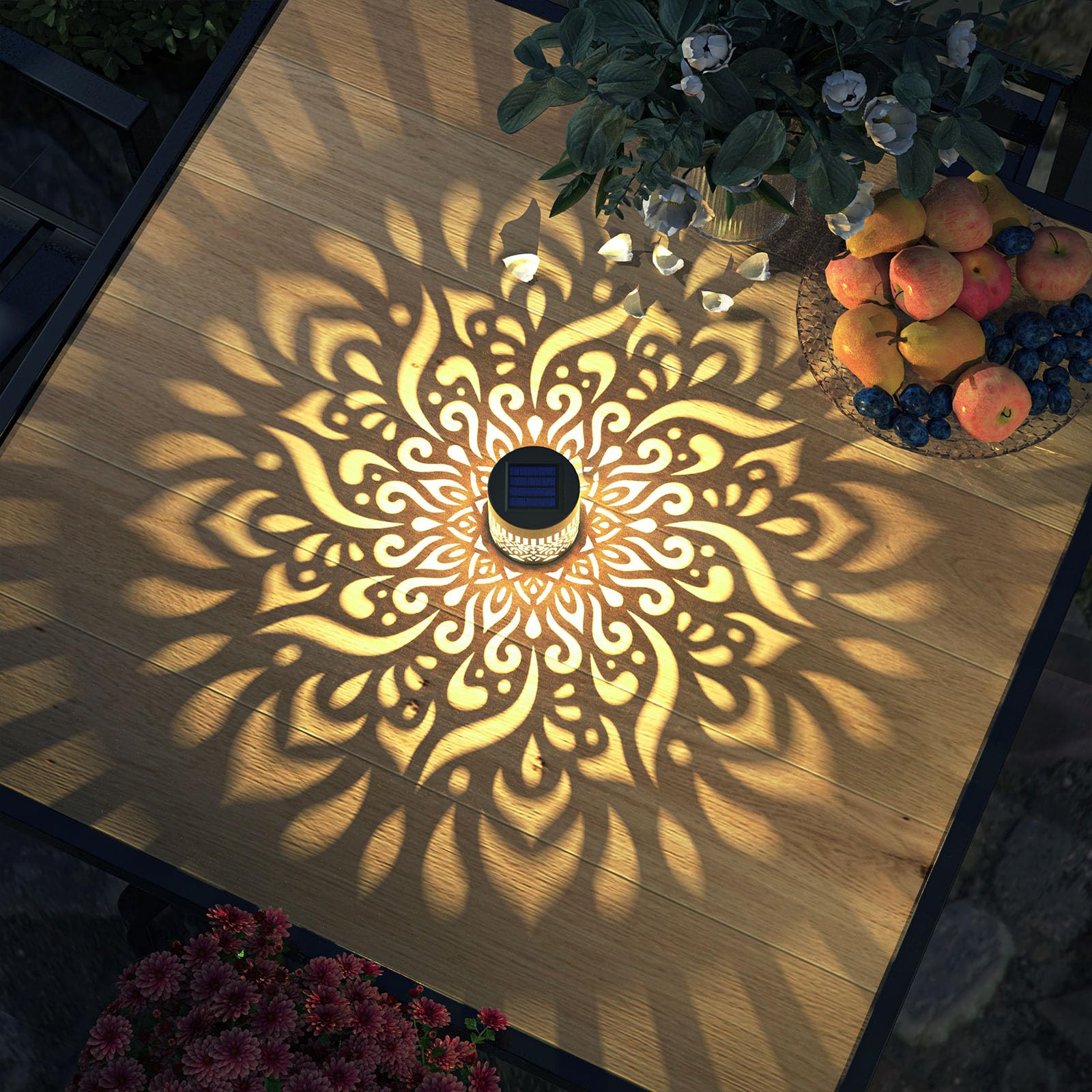 gardencave Solar Fence Lights - 4 Pack Metal Waterproof Outdoor Wall Deck Step Lights - Mandala Theme