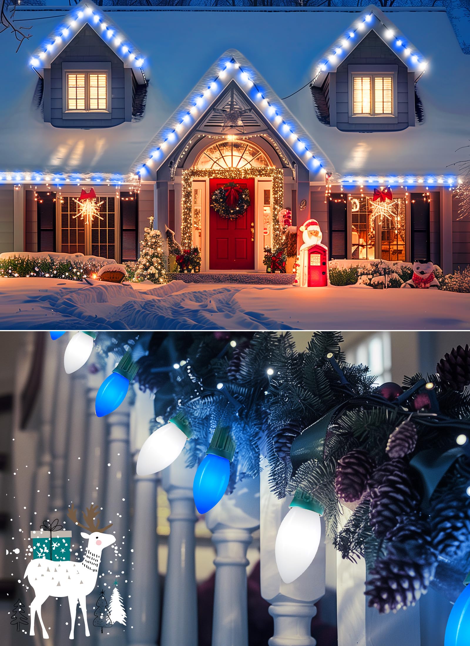 Vintage C9 Led Christmas Lights Outdoor  100 Feet C9 String Lights With 50 Shatterproof C9 Bulbs  Waterproof Connectable Christmas Tree Lights For Outside Roofline Patio Xmas Decor  Blue & Pure White