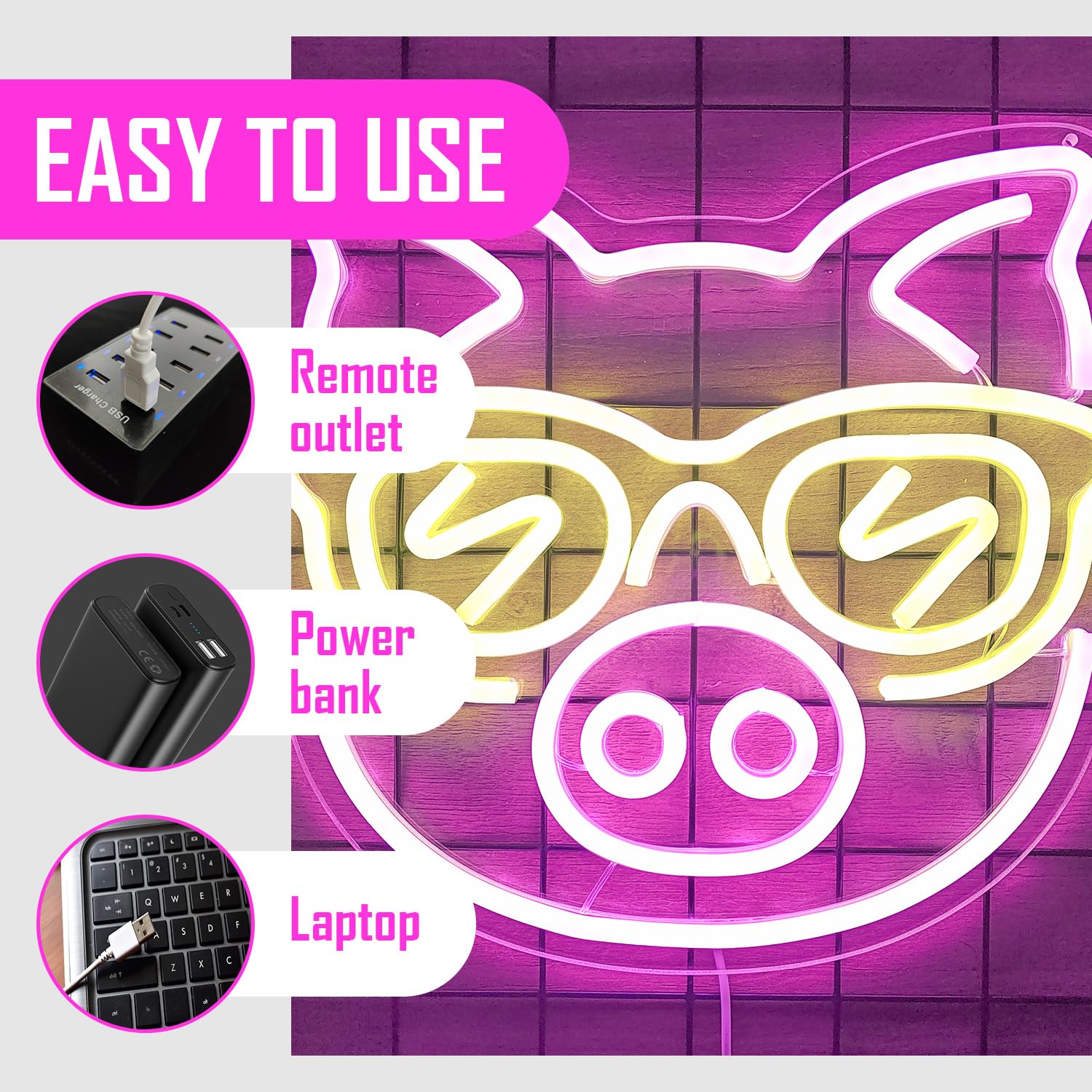 CinsYarn Neon Led Sign - Cute Pig Design for Wall Decor - Acrylic - Colorful - Perfect for Bedroom, Kids Room, Bar, Club, Party