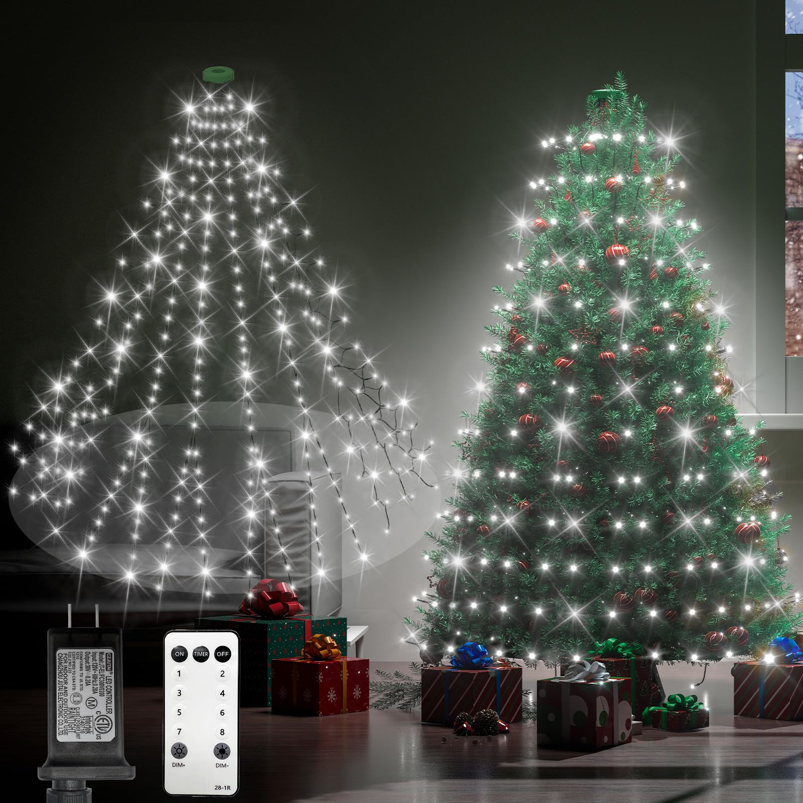 Christmas Tree Lights 644Leds 9.9Ft 14 Lines Forked Christmas Lights with 8 Modes and Timer Dimmable Cascading Twinkle Christmas Tree Lights Outdoor Indoor for 8-10Ft Xmas Trees Decor(Cool White)