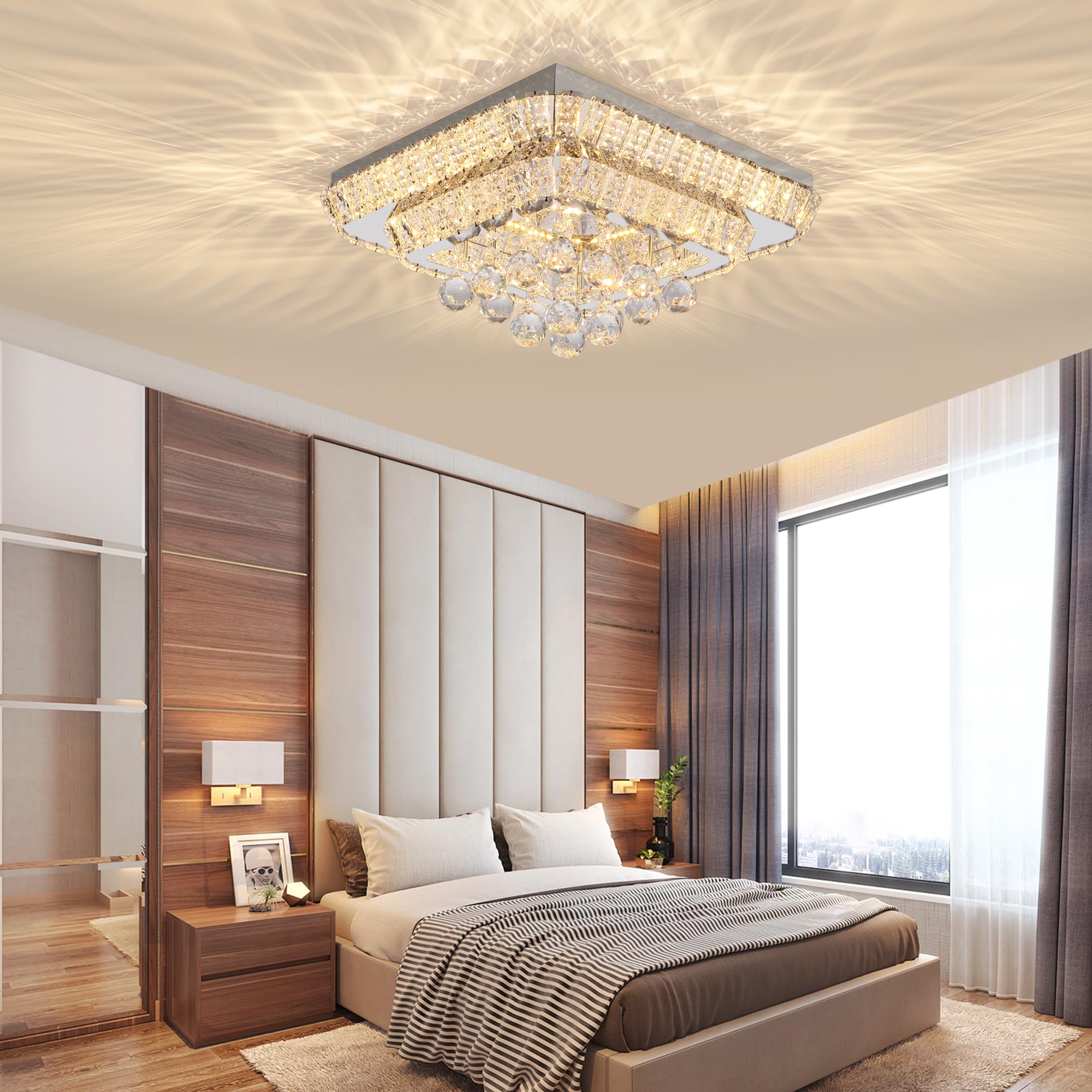 REDSTAR 18" Crystal Ceiling Light Flush Mount, Remote Control, Adjustable Brightness, Silver Stainless Steel, Model A228-18in-1