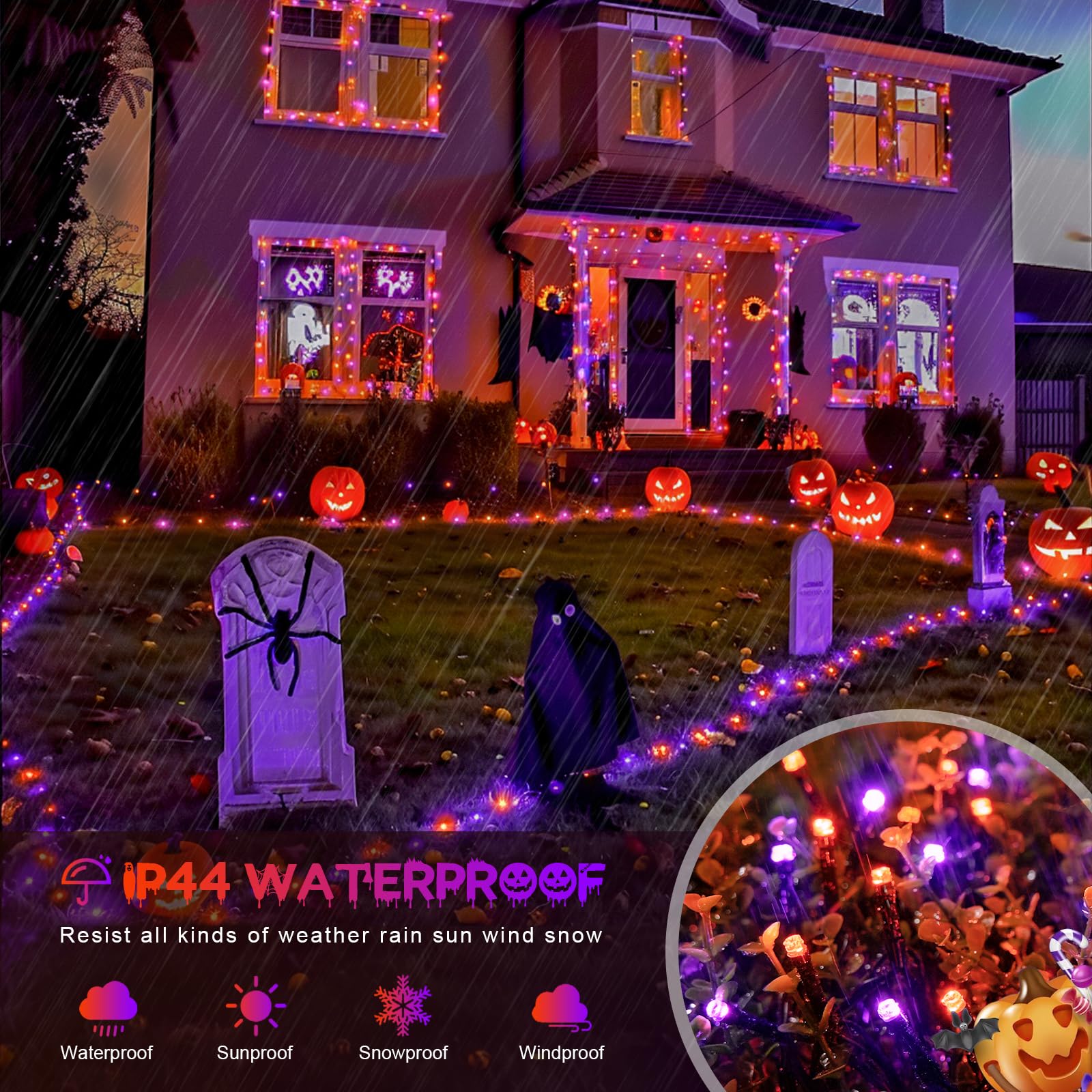 JMEXSUSS Halloween String Lights, 800 LED, 272ft, Waterproof, 8 Modes, Orange & Purple, Model EXS-S-0800