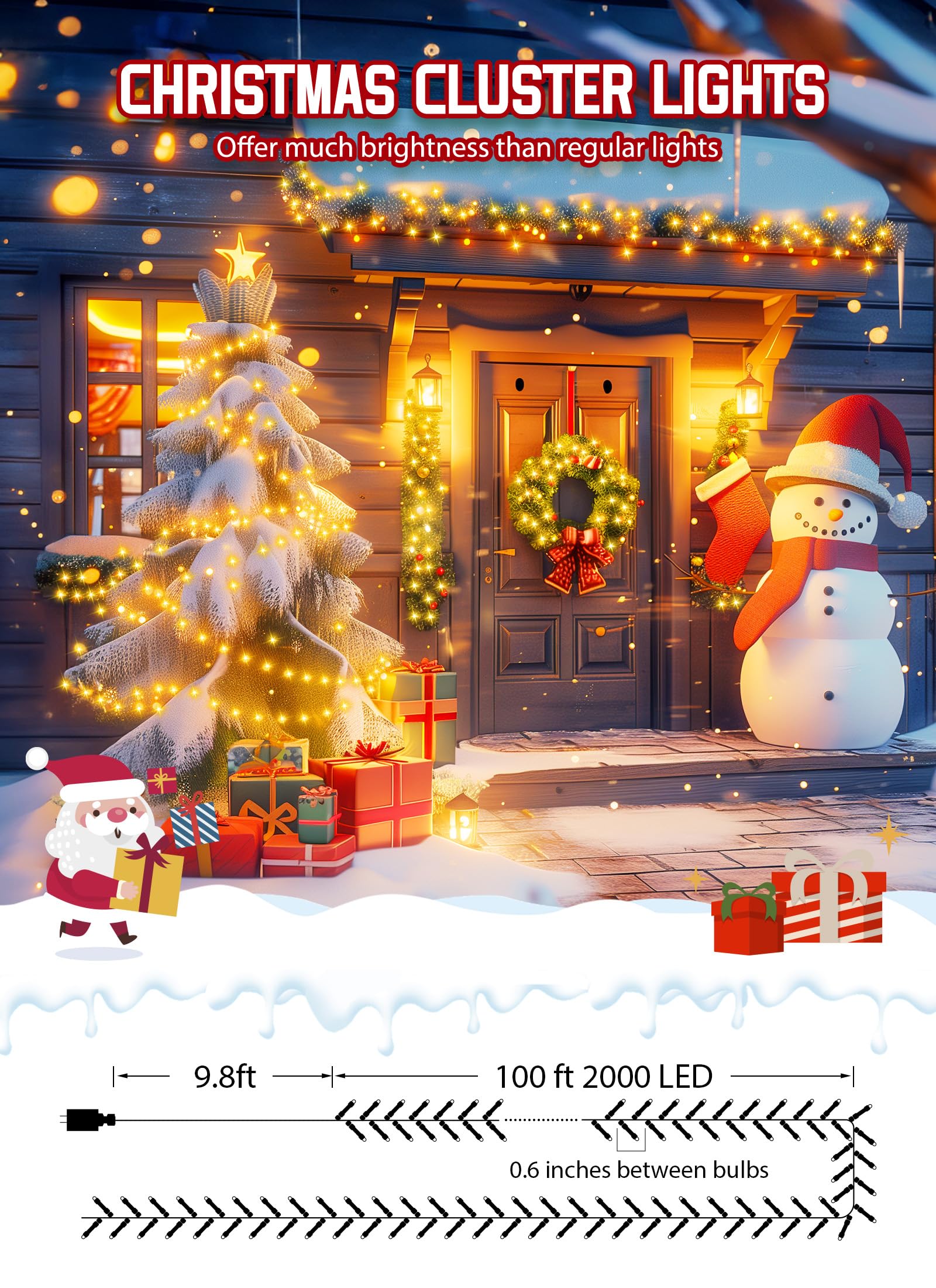 Minetom 100Ft 2000 Led Cluster Lights Christmas Tree Lights Outdoor Christmas Firecrackers String Lights, 12 Modes Timer Remote