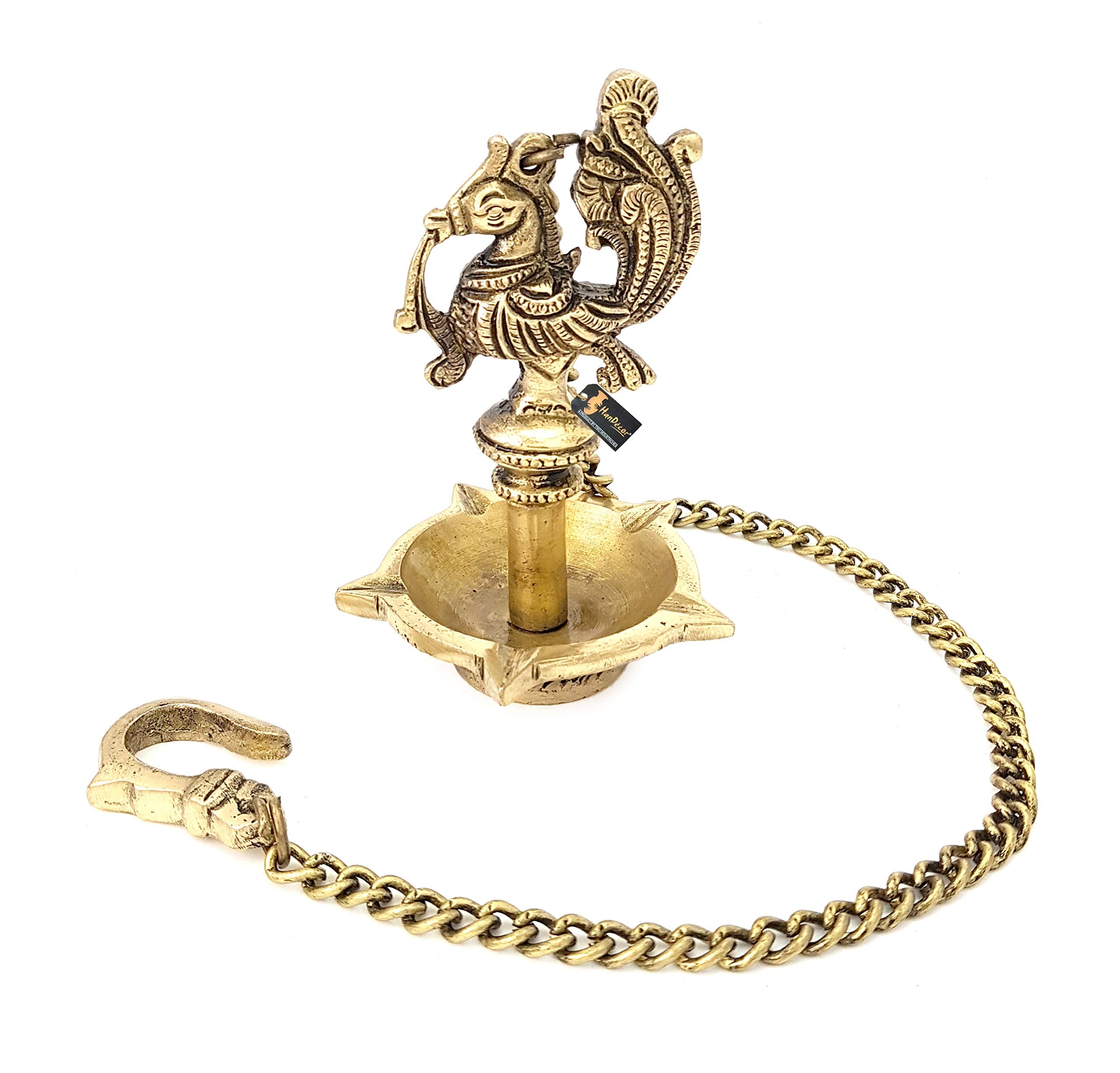 Two Moustaches Handmade Ethnic Peacock Design 5 Oil Wick Brass Hanging Diya, Brass Diyas for Decoration, Standard, Pack of 1