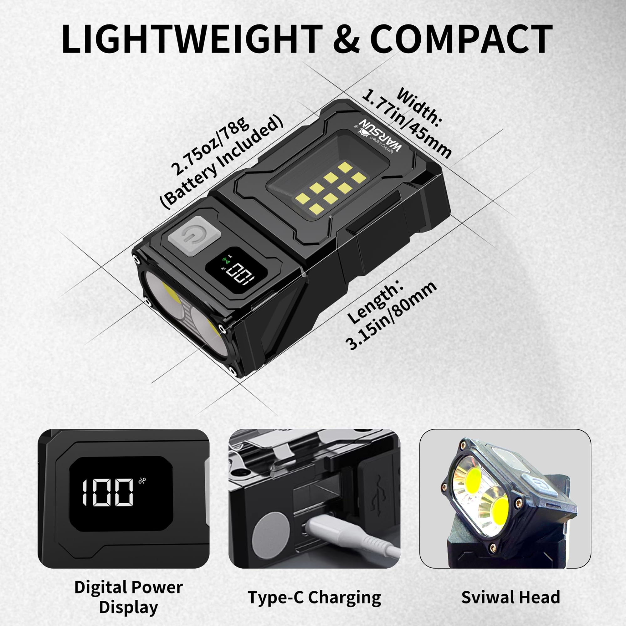 WARSUN DC08 Swivial LED Flashlight Rechargeable, 800 Lumens Mini Work Lihgt, Small EDC Flashlight Clip On with Back Clip, Magnet