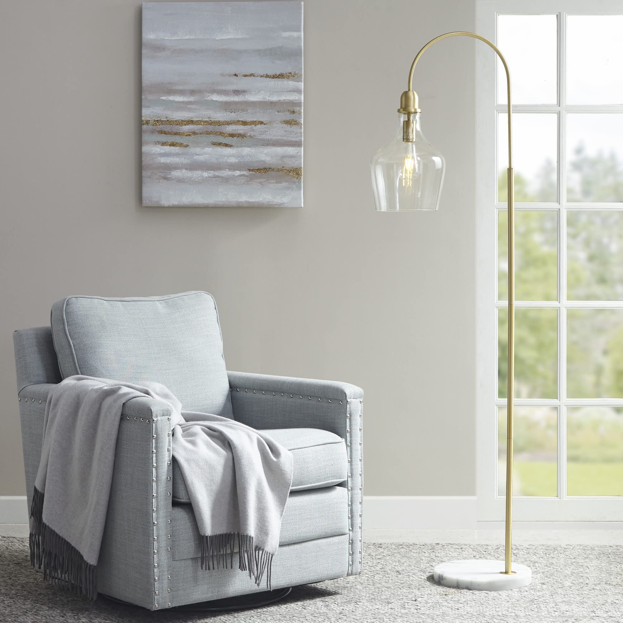 Hampton Hill Auburn Floor Lamp, 11.8 Metal, Gold, Bell Glass Shade, Model Mp154-0200, Modern, Ideal For Living Room, Foyer, Office