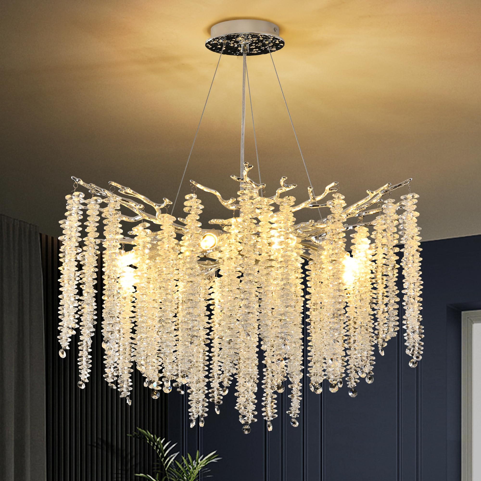 Upfelw Crystal Tree Branch Chandelier, 8 Lights, Polished Chrome, D 23.7in , Aluminum, Silver, Model UBC-S60-0428