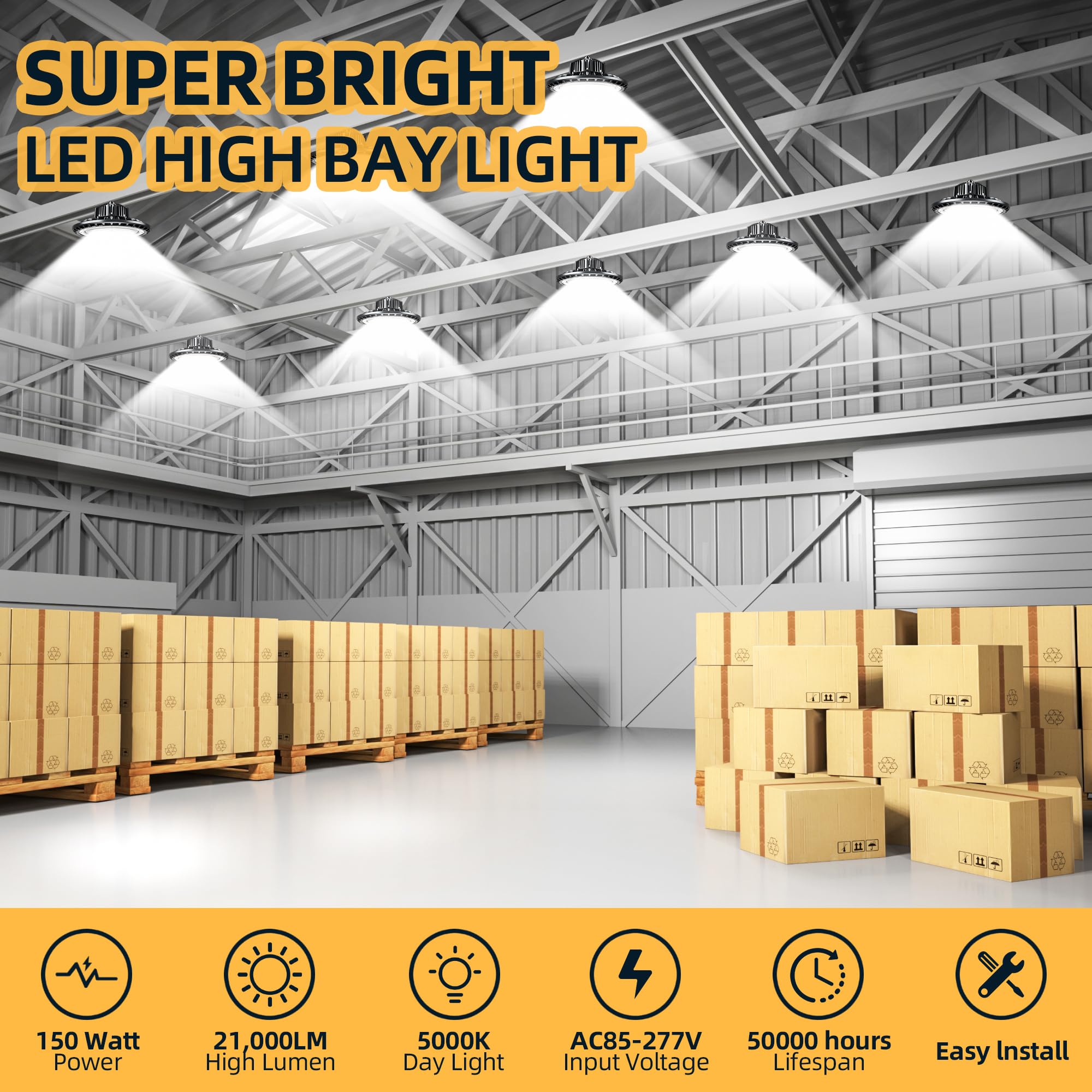 Qiyeka Ufo Led High Bay Light 150W 5000K,21,000Lm,Lamp With Plug, Hanging Hook, Safe Rope, Lighting Fixtures For Warehouse Shop
