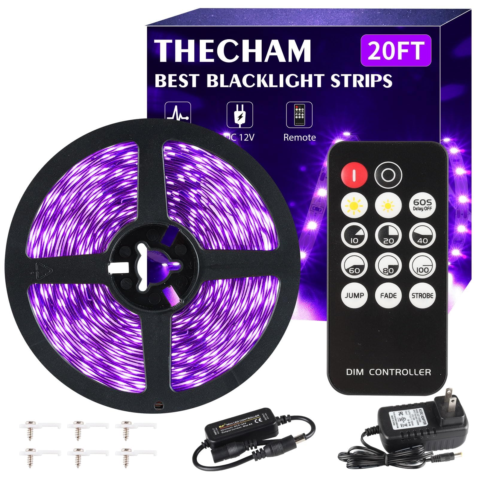 Thecham 20Ft Black Light Strip With Remote, 360 Led, 3 Modes For Glow Parties & Stage Lighting