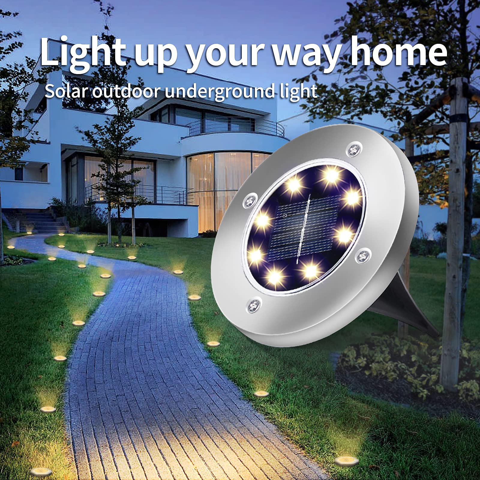 Aogist Solar Ground Lights, 12 Pack, 8 LED Waterproof Disk Lights, Stainless Steel, Warm White for Pathway, Yard, Lawn - Model DMD-1214