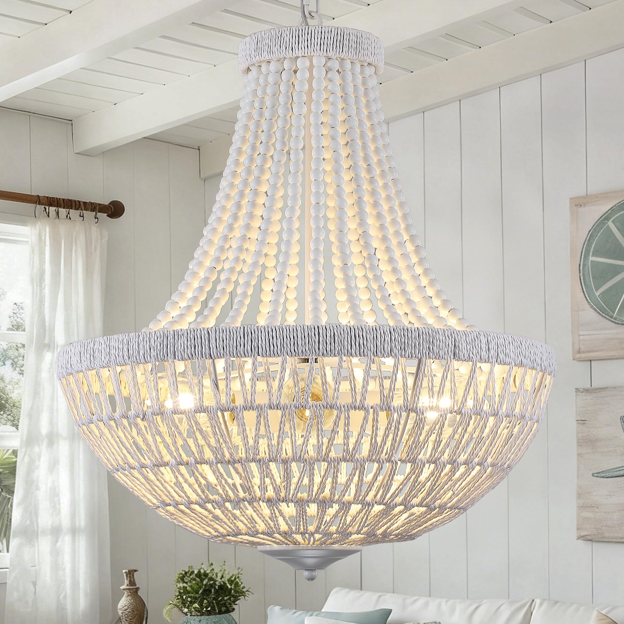 22 Boho Wood Beaded Chandelier Farmhouse Rattan Pendant Light Fixtures Bohemia Large Rattan Chandeliers for Dining Room Living R