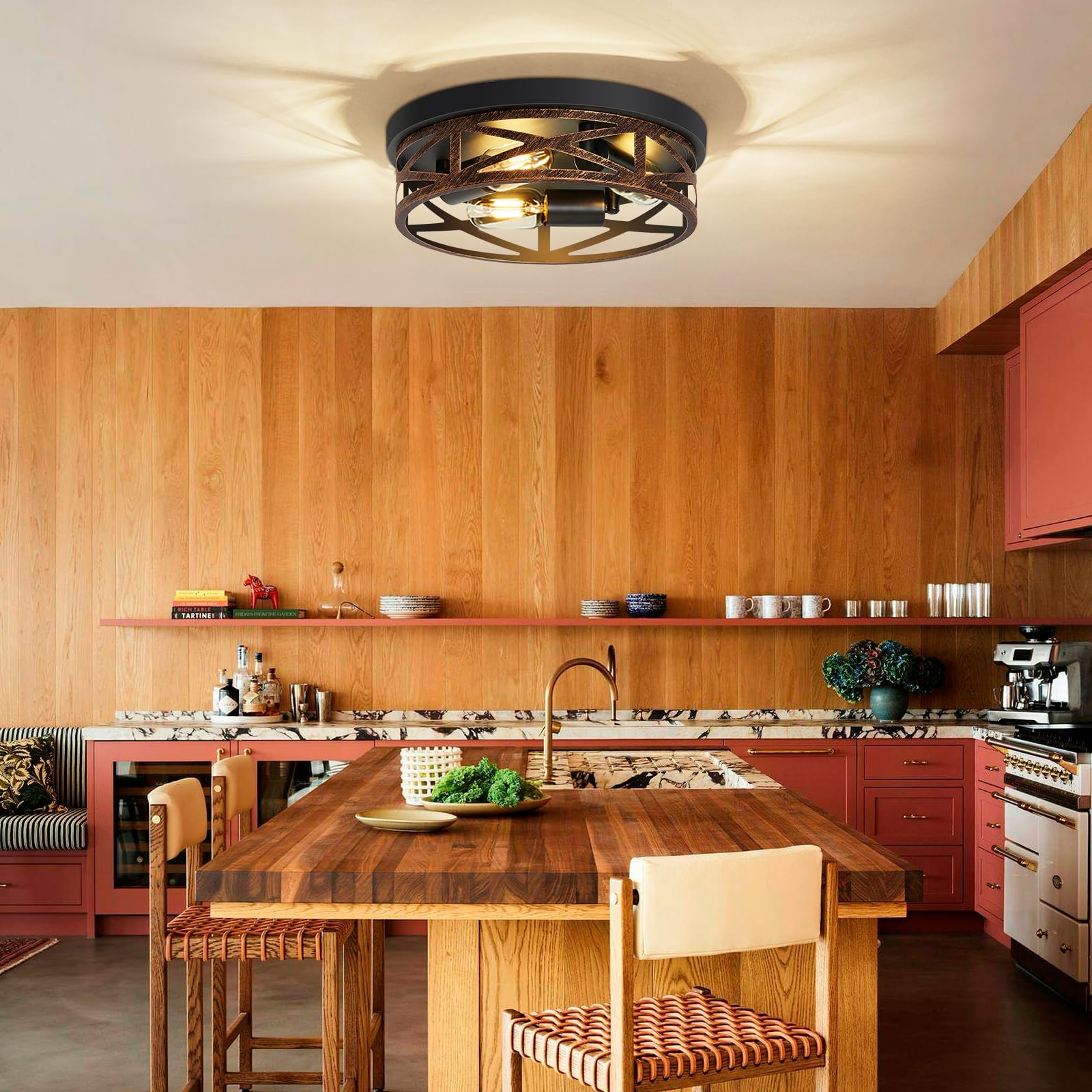 ZHU YAN Farmhouse Ceiling Light Fixture, 3-Light Flush Mount, Rustic Metal, 13in, Black, Model D0908