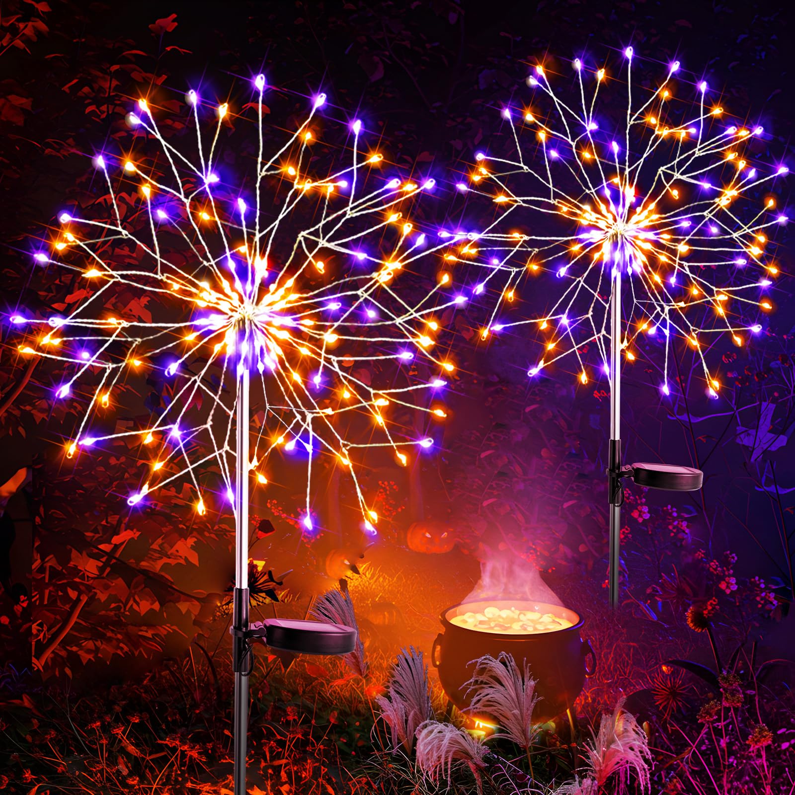 suddus Solar Powered Halloween Lights - 2 Pack, Waterproof Copper Firework Lights in Orange & Purple for Garden Decorations