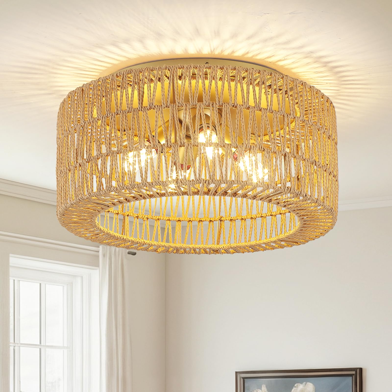 ABEAJAT Rattan Light Fixtures Ceiling Mount,4-Lights Boho Flush Mount Ceiling Light with Hand-Woven Shade, 18''Rattan Farmhouse 