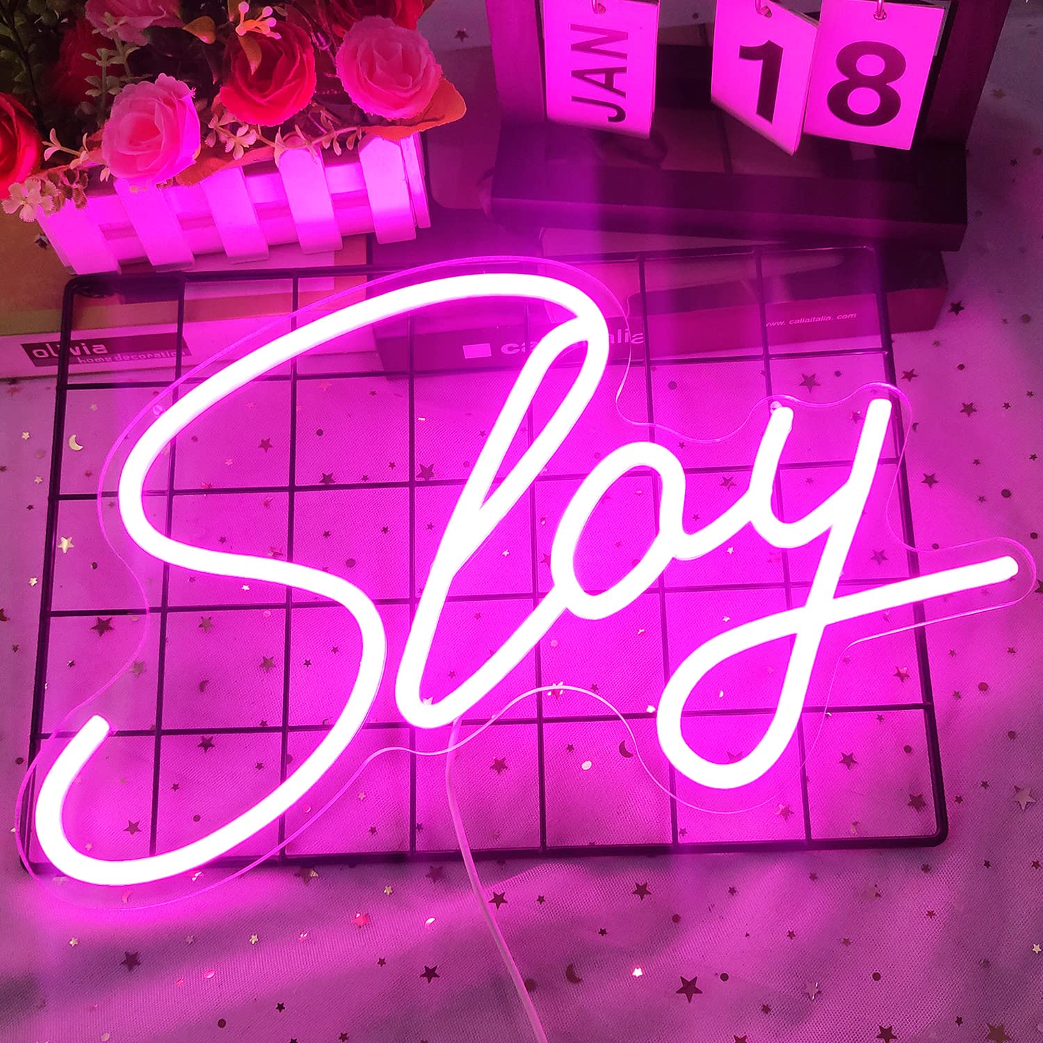 GMMLLG Neon LED Light Sign - Dimmable Wall Decor, 15.7inx9.4in, Strong Transparent Acrylic, Pink