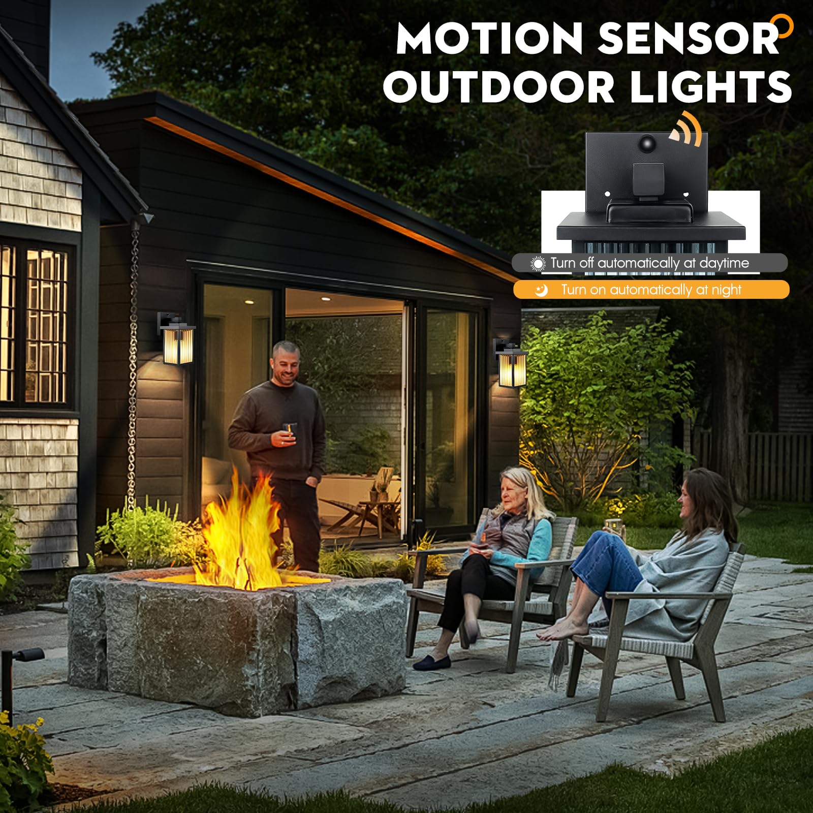 hameso Outdoor Motion Sensor Lights, 2 Pack Waterproof Wall Fixtures, Black, Dusk to Dawn, Metal Frame, Model G016