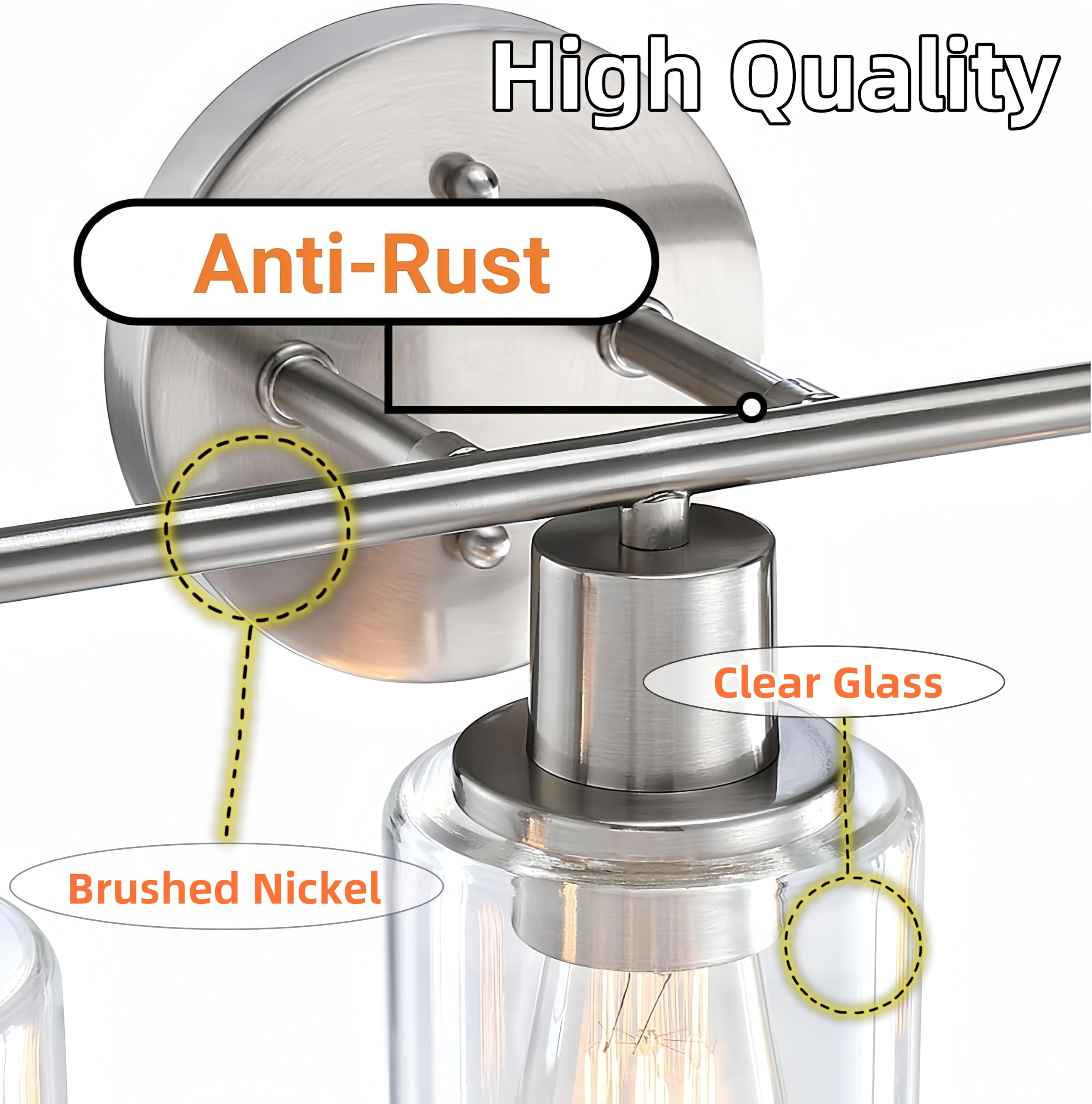 Wisbeam 3-Light Brushed Nickel Bathroom Vanity Light With Clear Glass Shade, Bulb Not Included