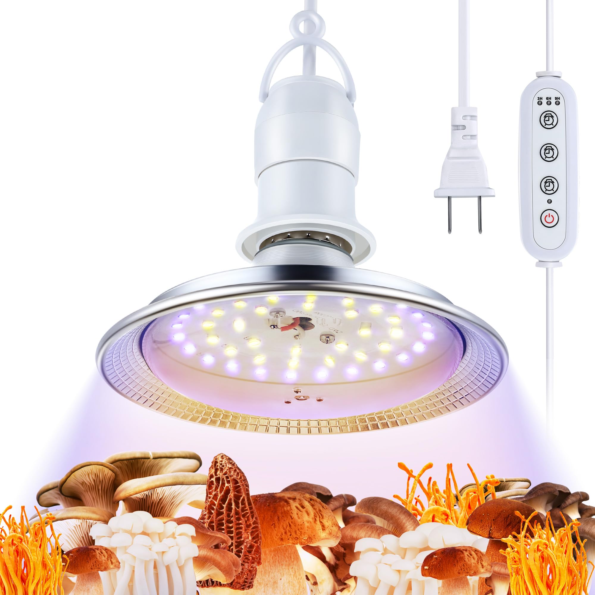 Meonum Mushroom Grow Light with 3/6/9 Hour Timer, 360 LED Hanging Grow Lights Bulb for Mushroom with 6.5ft Extension Cord, 6000K