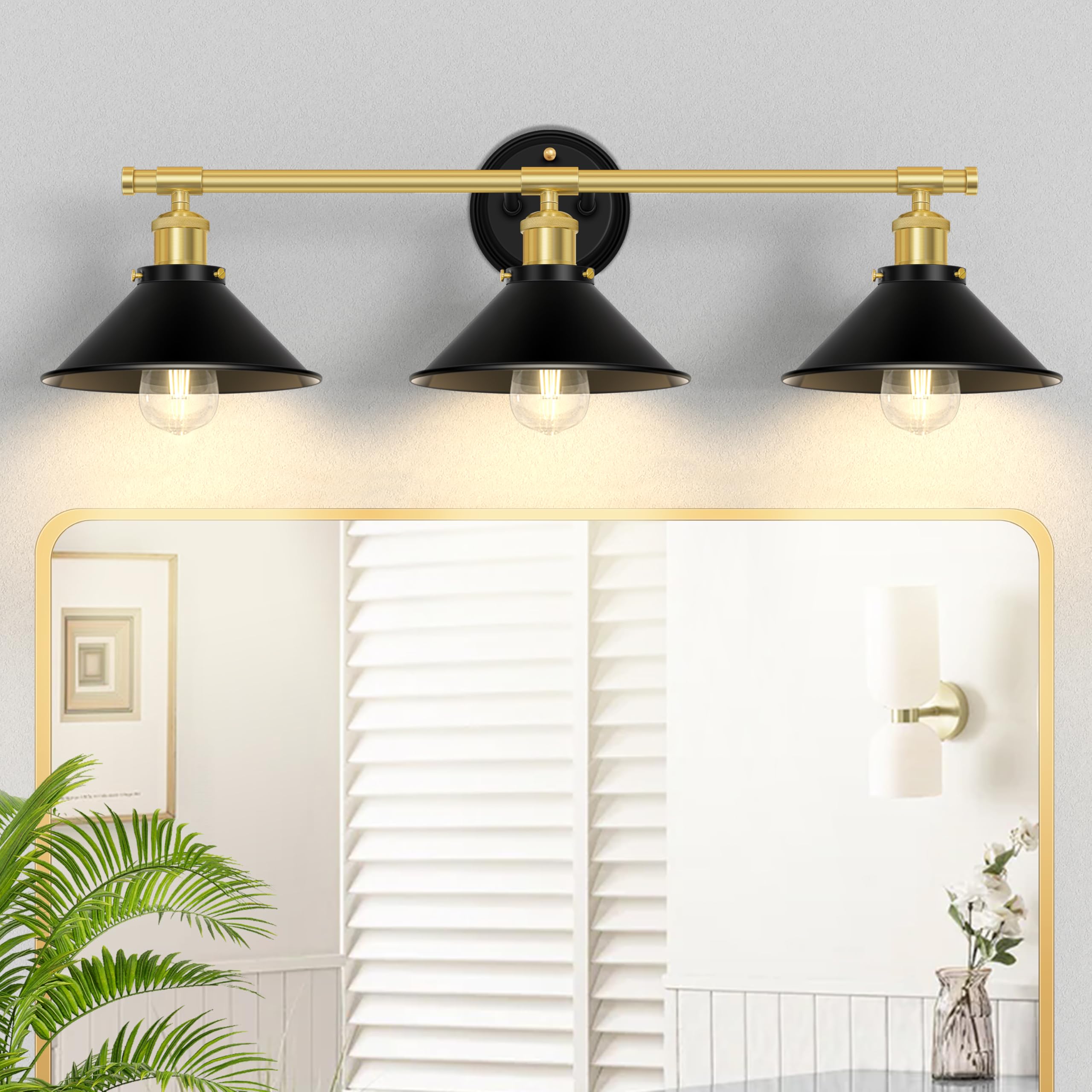 Licperron 3-Light Bathroom Lighting Fixtures, Metal Wall Lights, Black & Gold, Farmhouse Style, Indoor Use