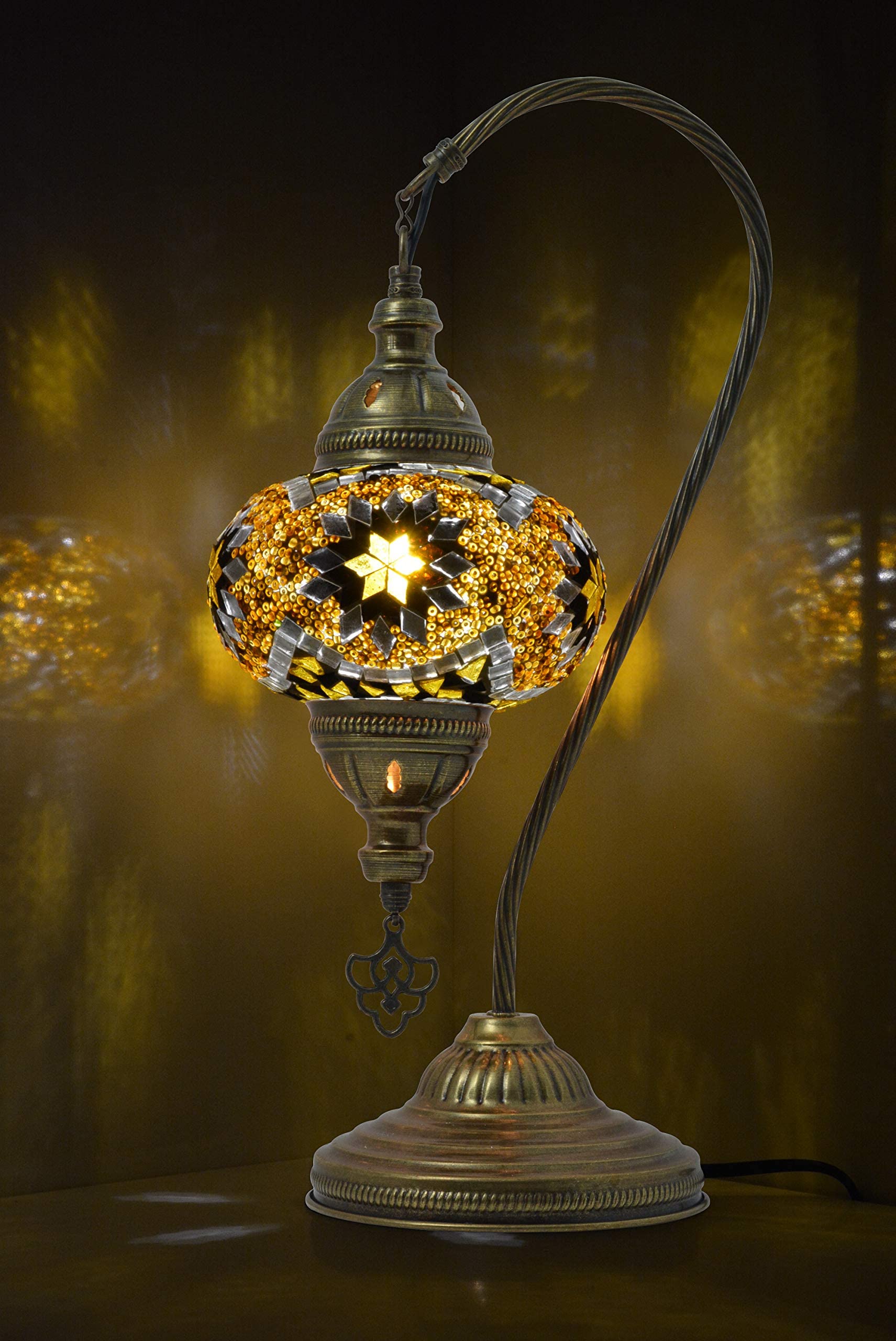 mozaist Turkish Lamp - Swan Neck Mosaic Table Lamp, Antique Bohemian Glass Shade, E12 Socket, Color B34