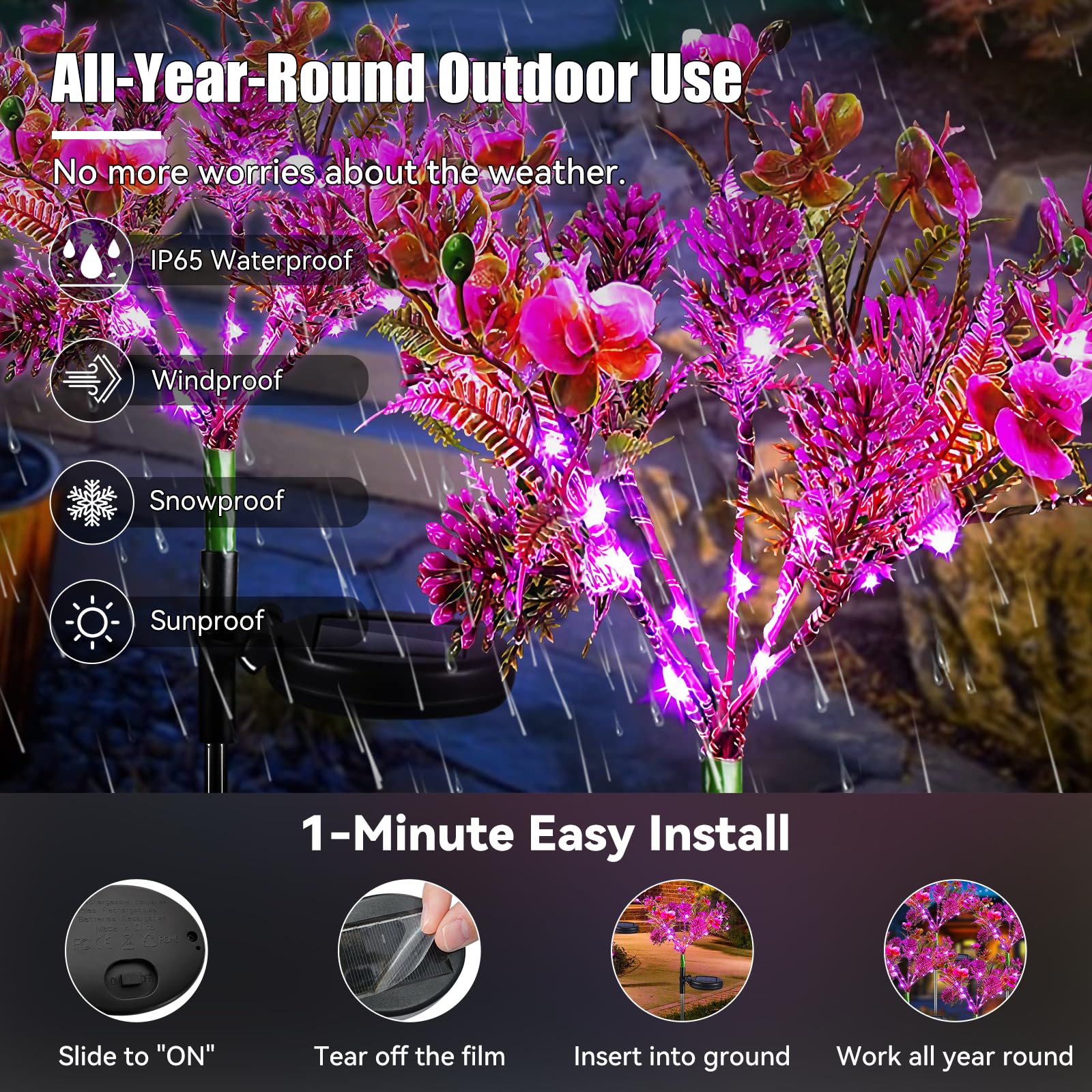 Neporal Solar Garden Lights - 2Pk Waterproof Phalaenopsis Flowers, Purple Plastic Outdoor Decor