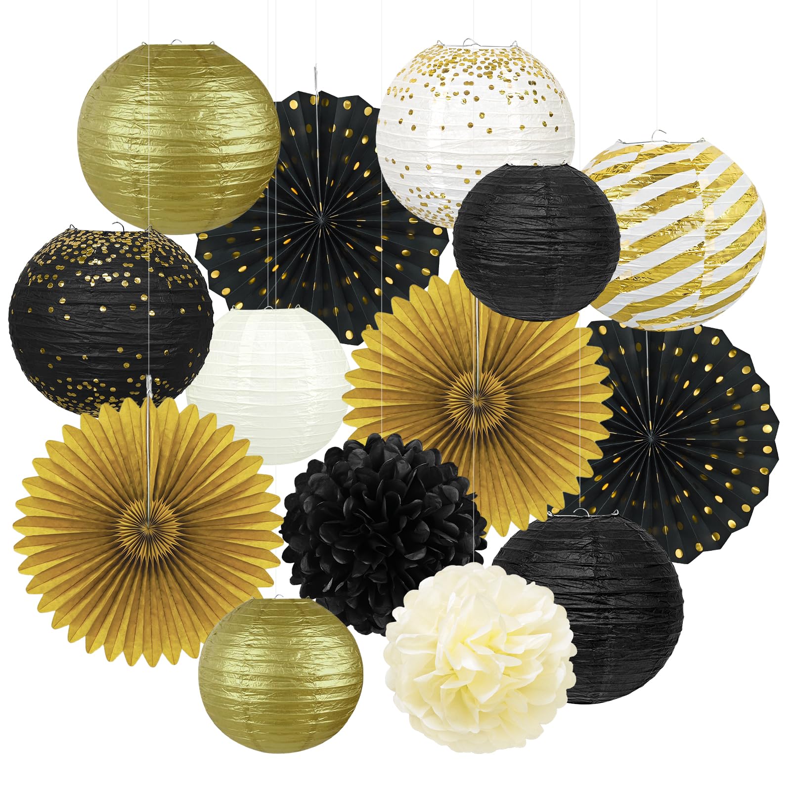 14Pcs Black and Gold Party Decorations, Hanging Paper Lanterns Fans Tissue Flower Pom Poms for Men 50th 60th Birthday Graduation