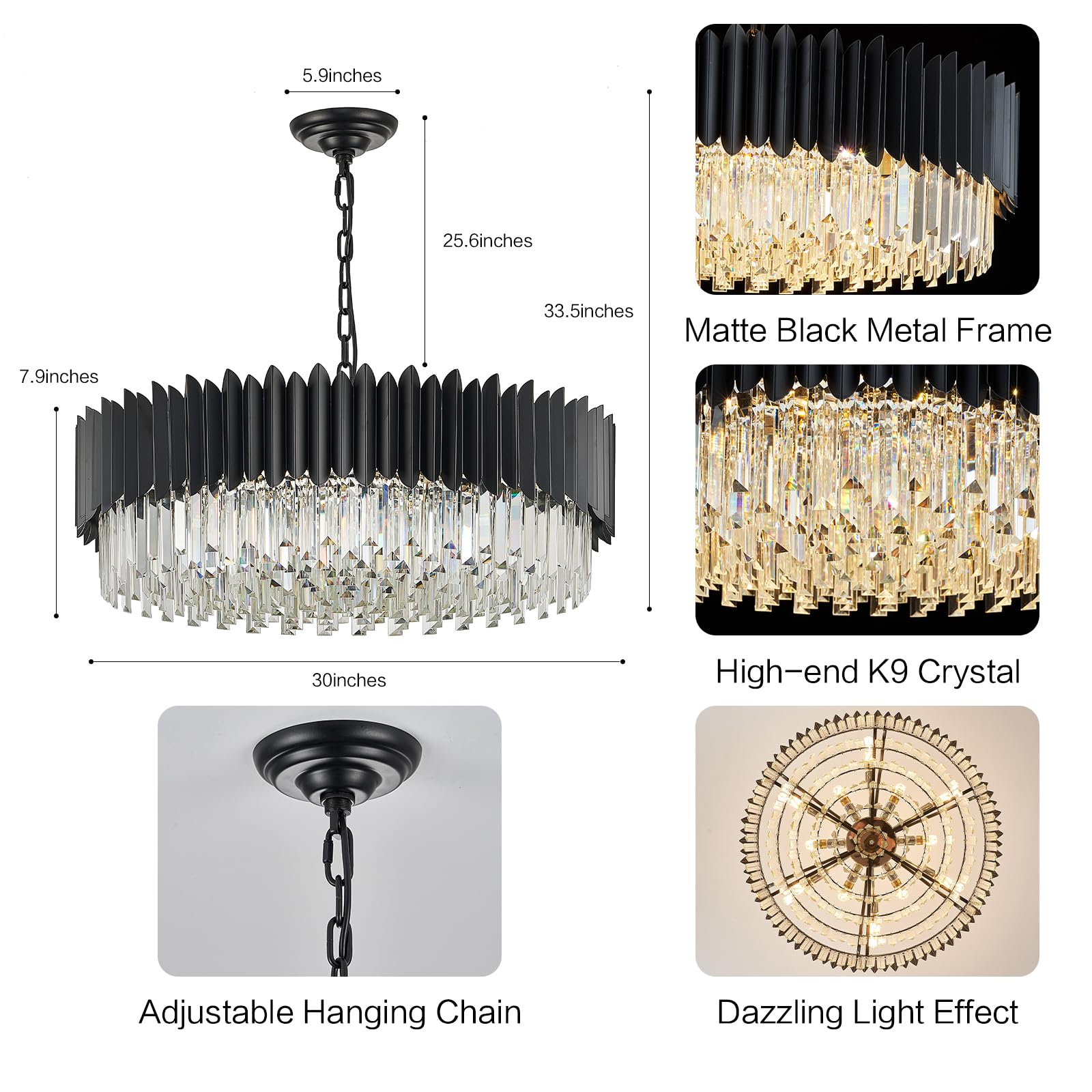 Yolizuot Black Crystal Chandelier 30'' K9 Crystal Round Pendant Lights Adjustable 6-Tier Large Modern Crystal Chandelier Light 1