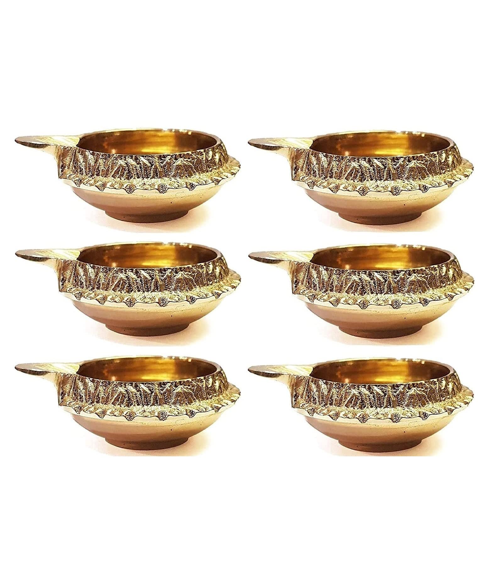 SATVIK 6pc Kuber Diya for Diwali Decoration. Handmade Oil Lamp Golden Engraved Made of Virgin Brass Metal Vilakku for Puja Pooja