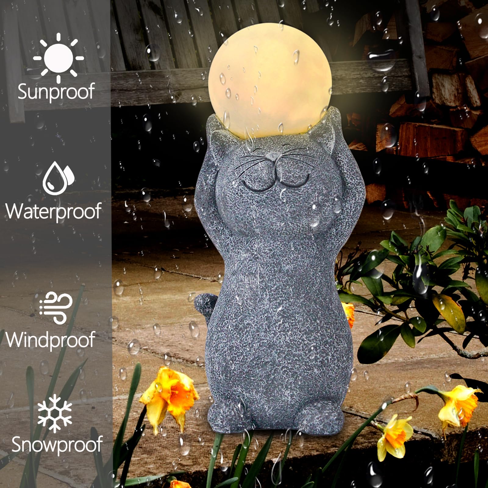 Solar Garden Decor Cat Moon Outdoor Statue And Figurine Lights, Outdoor Patio Sculpture Decor Led Light Gifts For Mom Or Daughte