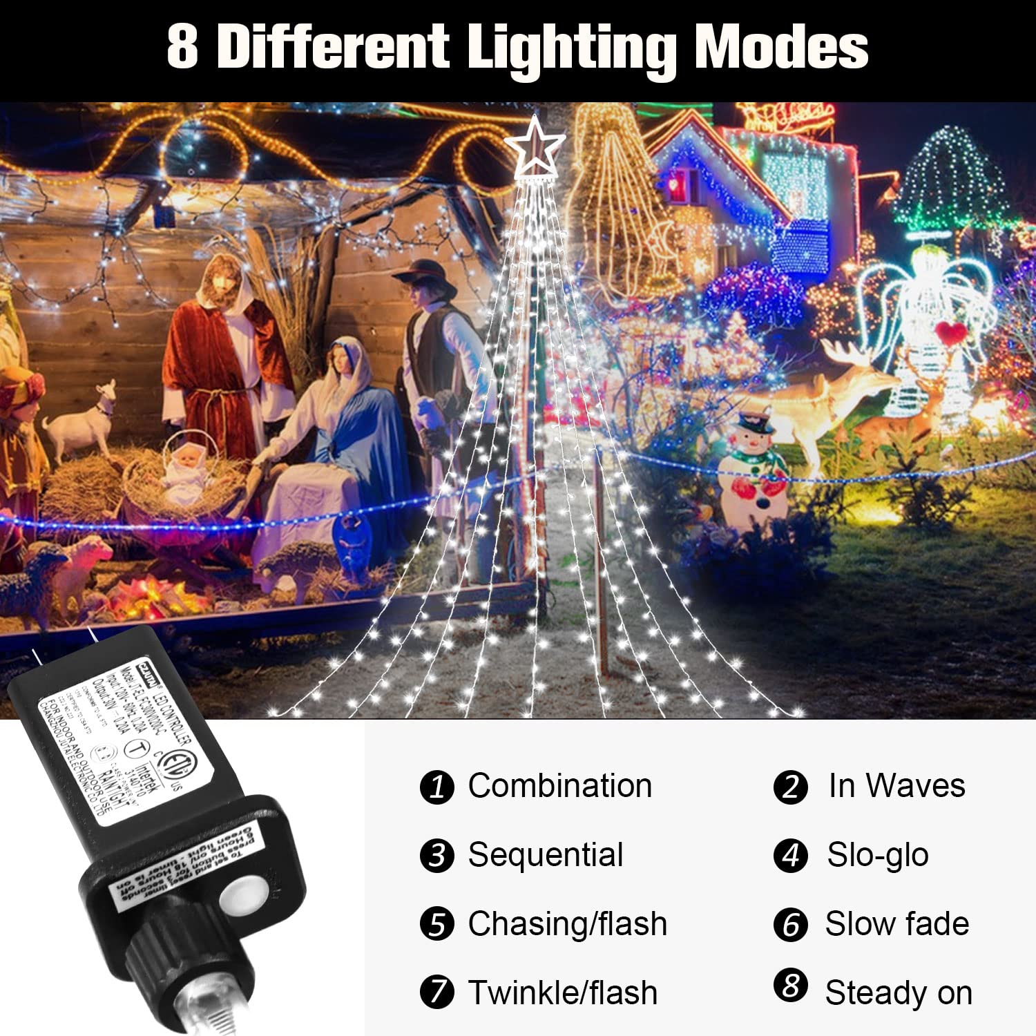 Outdoor Christmas Star String Lights, 320 Led 11.5 Ft Waterfall Tree Lights With 8 Lighting Modes For Indoor/Outdoor Yard, Home,
