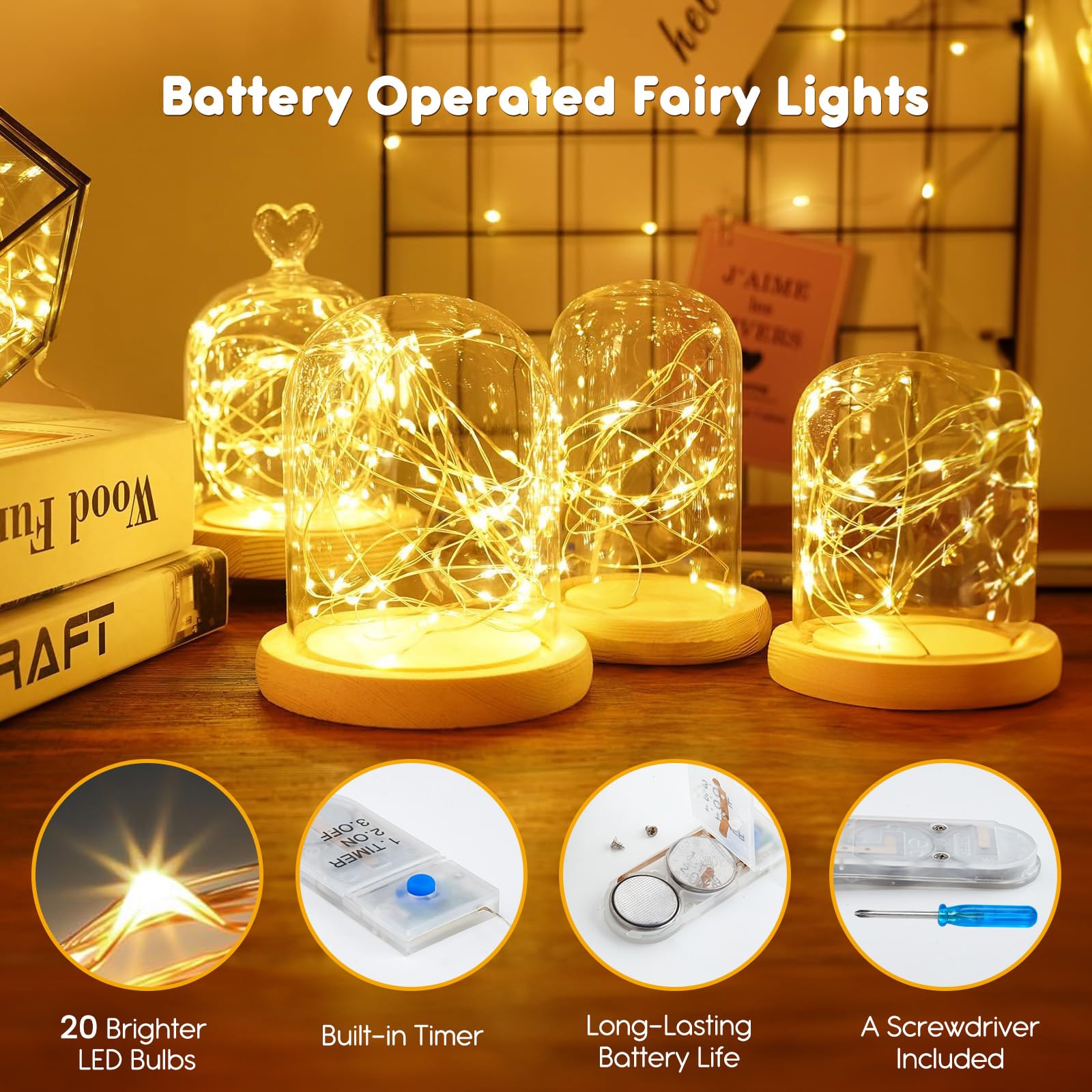 Minetom 12 Pack Fairy Lights, 20 LED Waterproof String Lights, Warm White Silver Wire, Battery Operated with Timer, 7ft for DIY Crafts