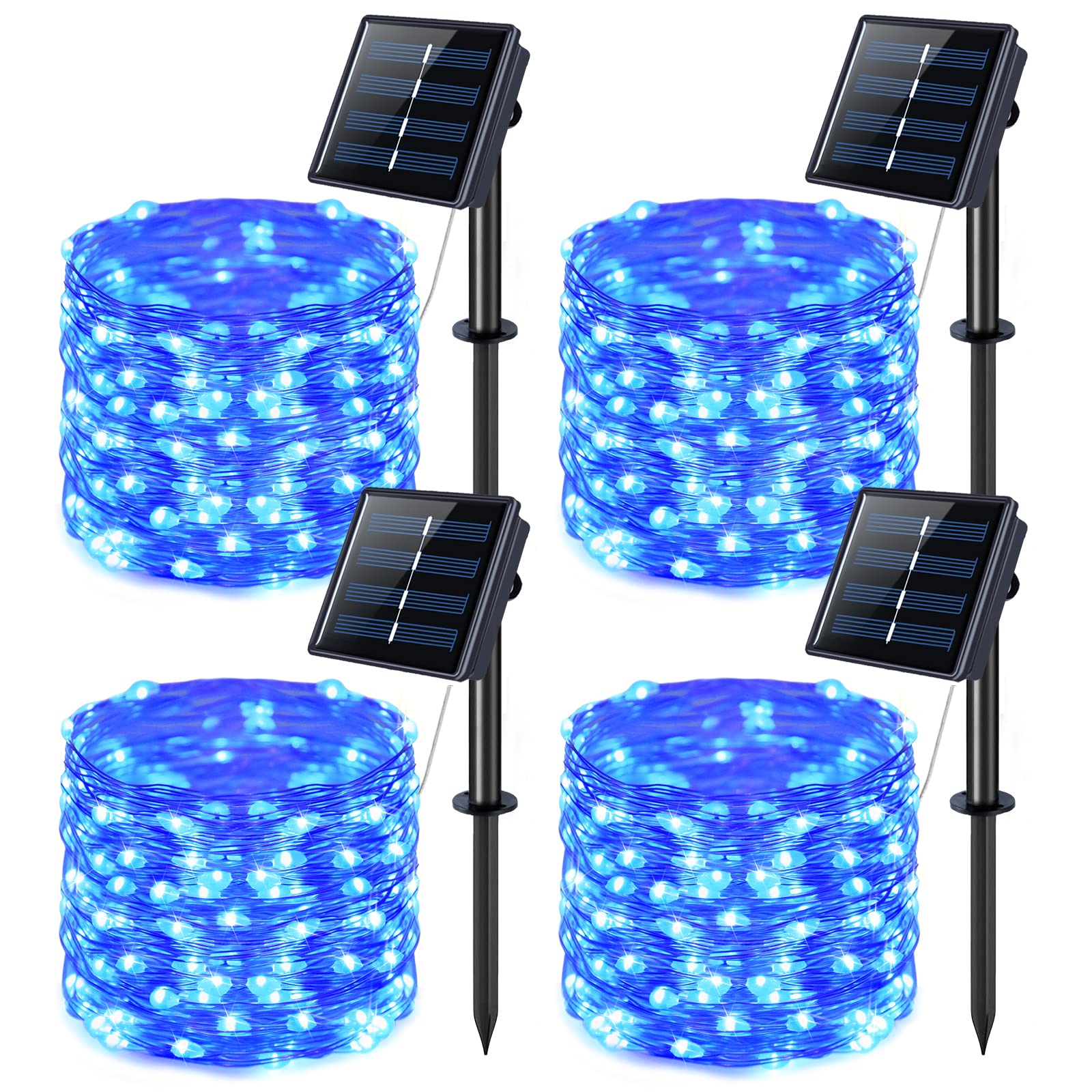 Jmexsuss 4 Pack 100 Led Solar Fairy Lights, 33Ft Blue Solar String Lights Outdoor Waterproof, 8 Modes Copper Wire Solar Twinkle