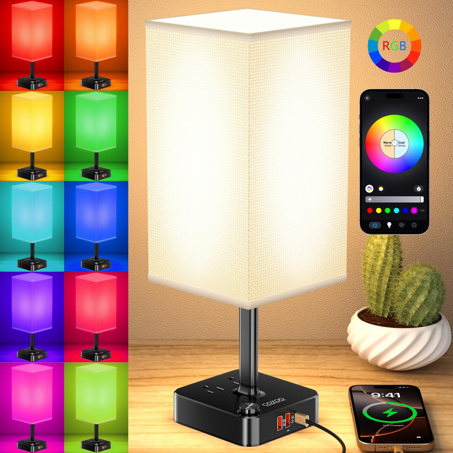 Cozoo Bluetooth/Wifi Rgb & Usb Bedside Table Lamp With 3 Usb Charging Ports And 2 Outlets Power Strip, Led Light Bulb Dimmable, Music Sync Rgb Color Changing Light For Party Home/Bedroom/Living Room