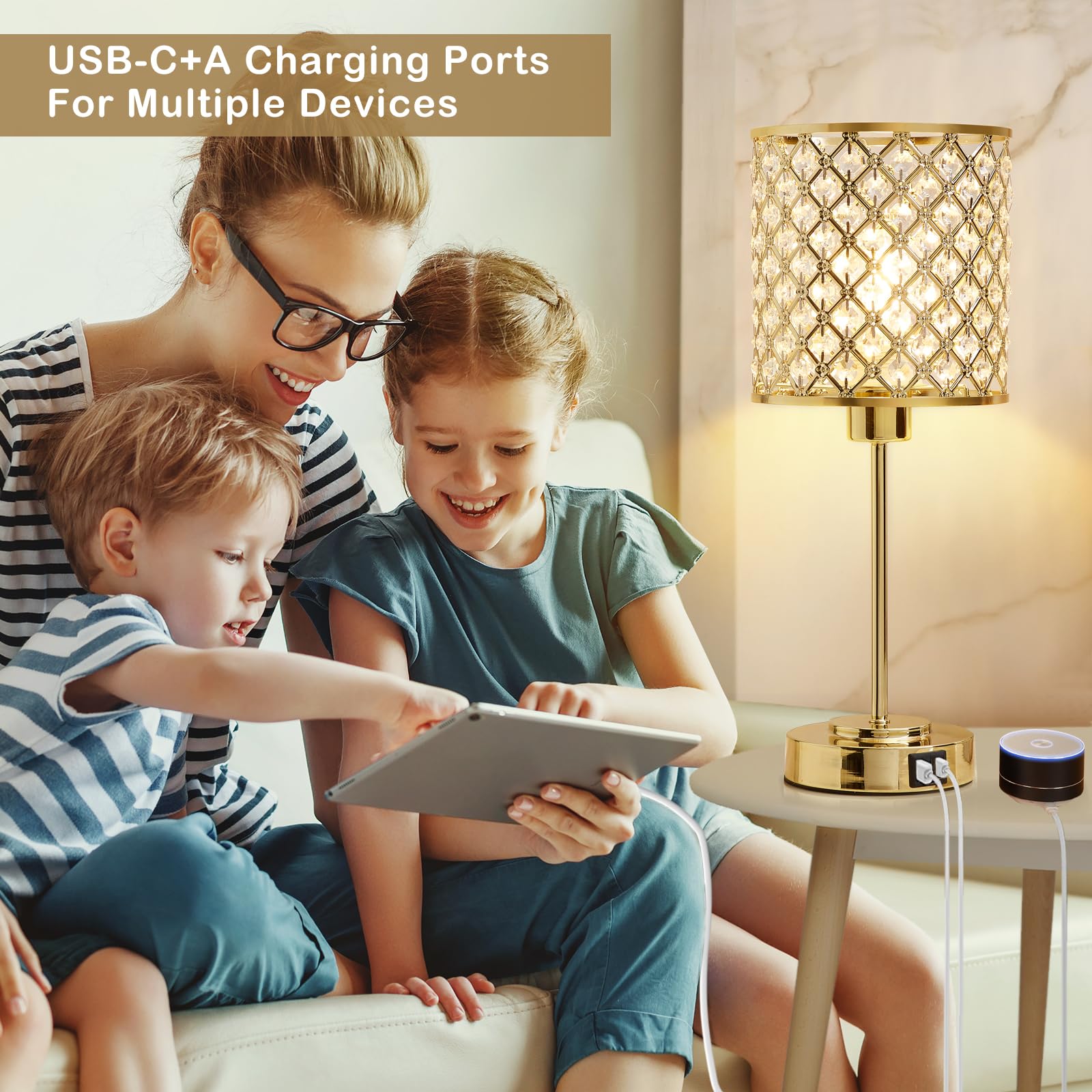 Crystal Touch Control Table Lamp With Usb-C+A Charging Ports 3-Way Dimmable Nightstand Lamp Set Of 2 Crystal Decorative Bedside