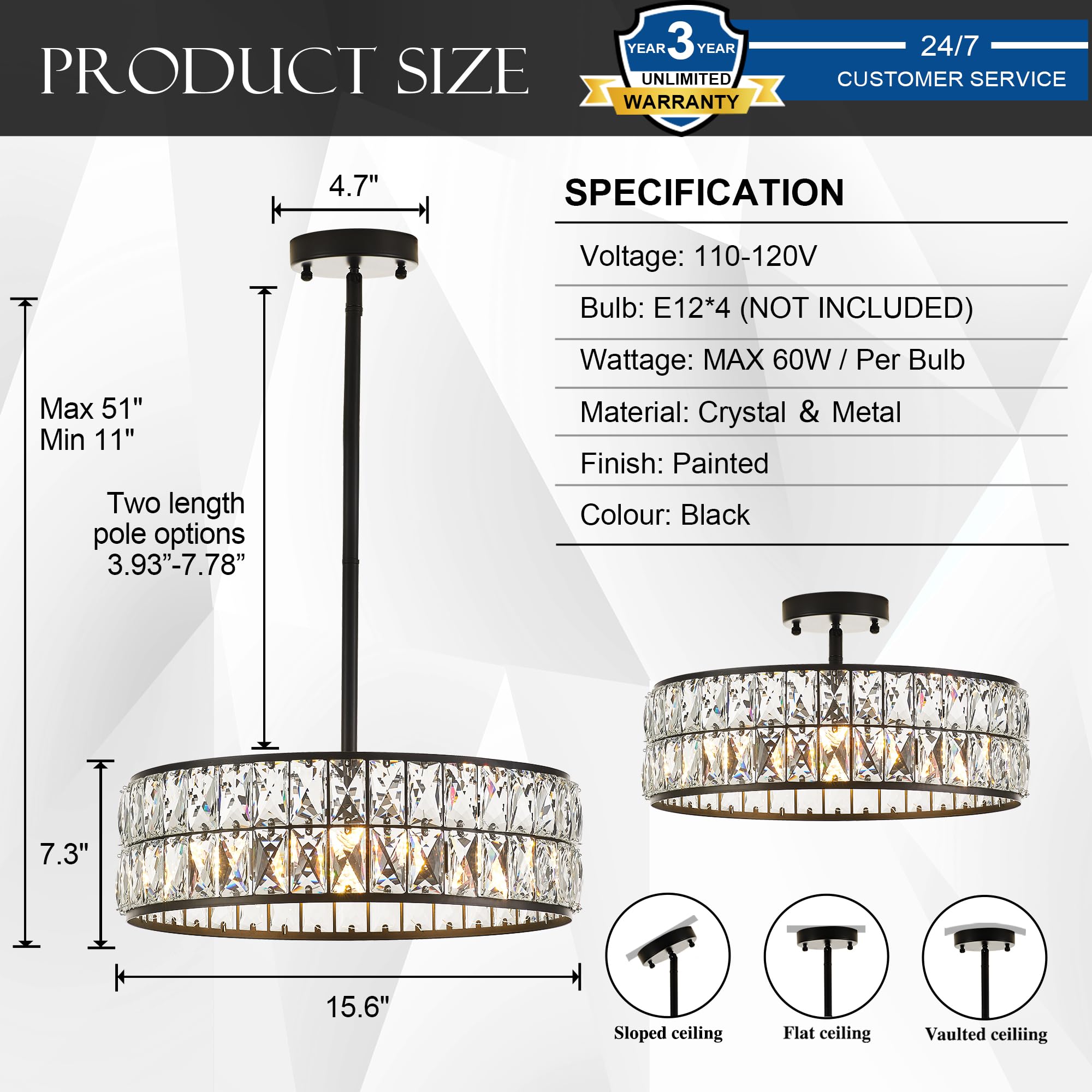 Salaiwei 16” 4-Light Modern Black Crystal Chandelier, Round Pendant Light Fixture for Dining Room, Kitchen Island, Living Room
