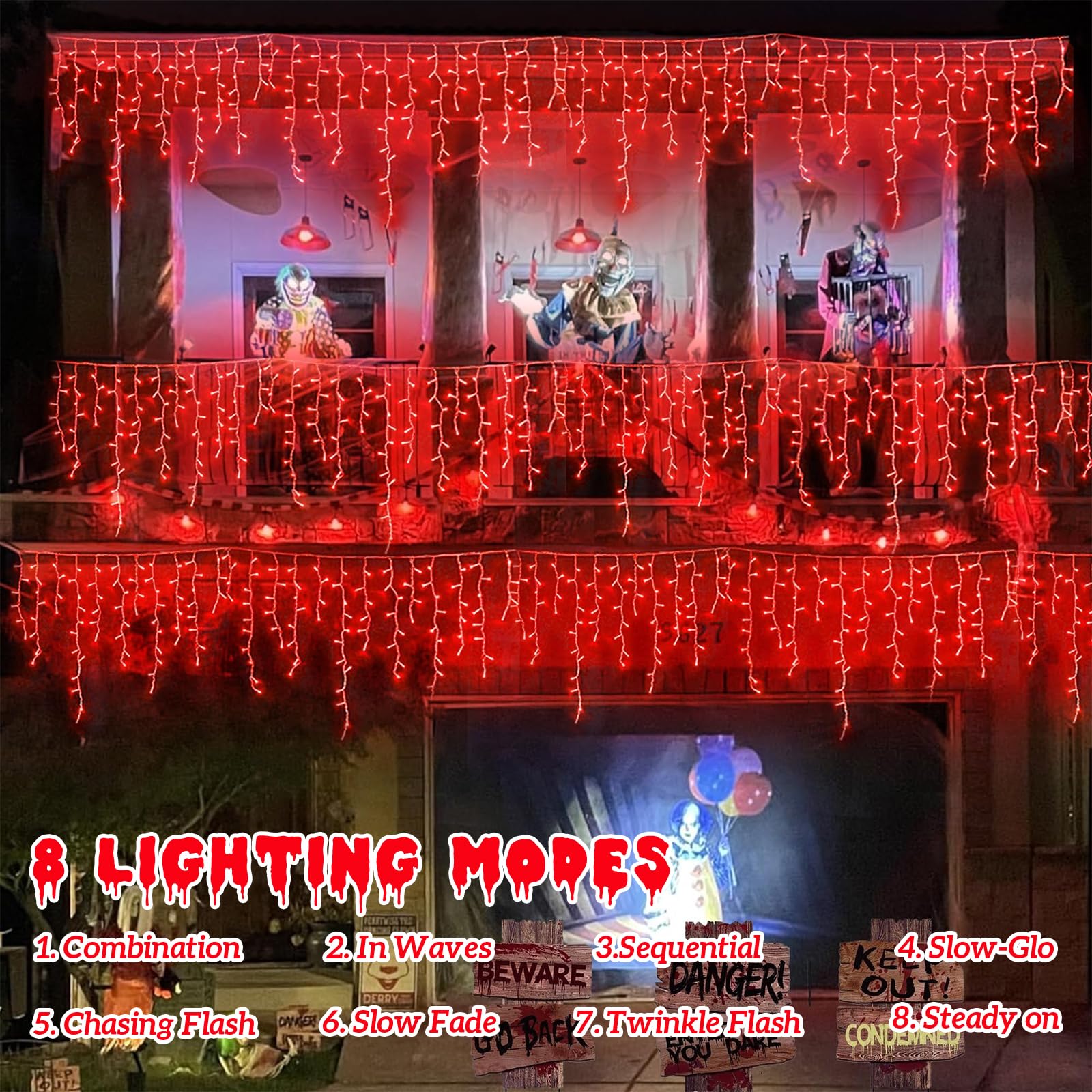 YEGUO 33ft 400 LED Red Icicle Lights, 80 Drops, 8 Modes, Connectable, Model JT-EL/FC300V0200-C