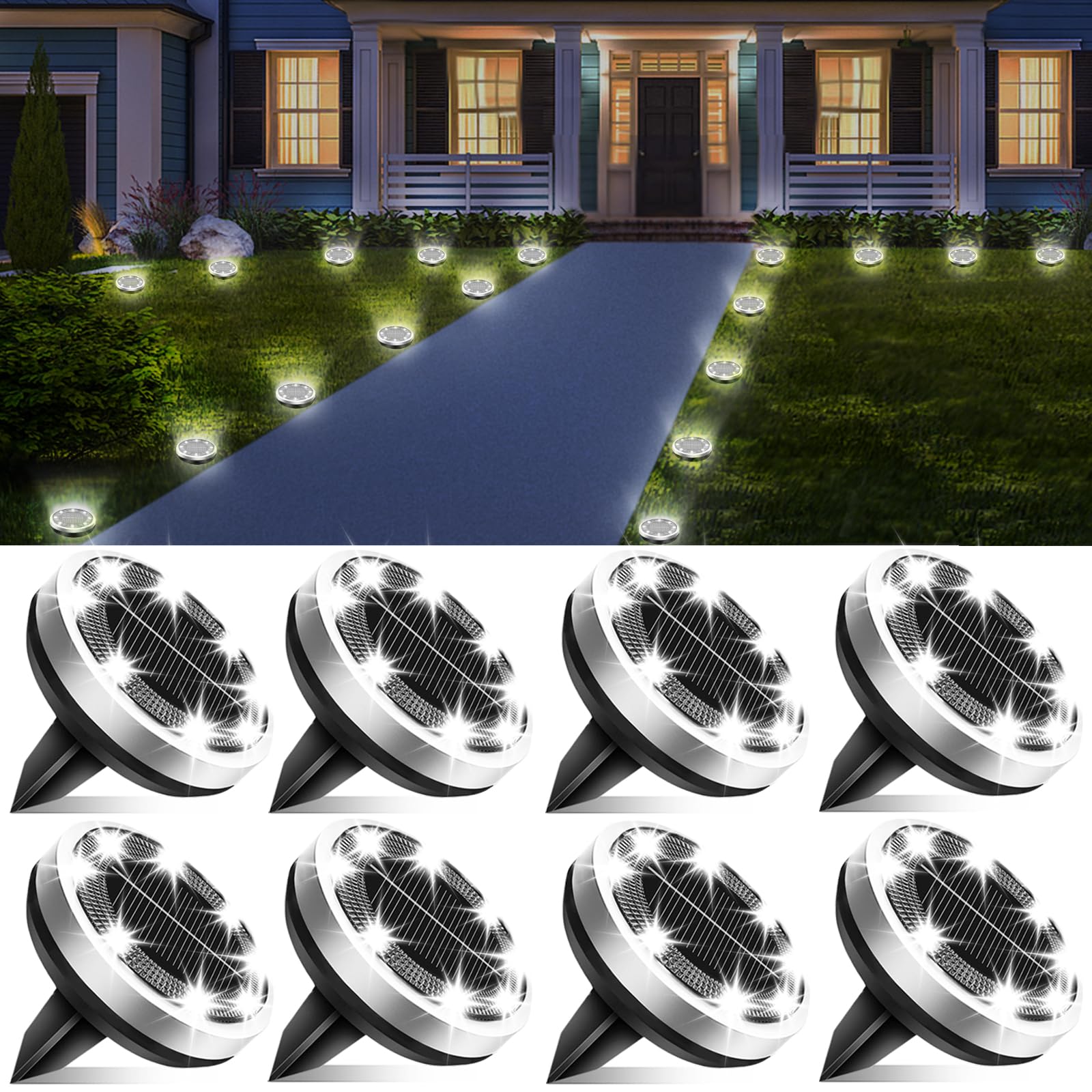 Solar Lights Outdoor Waterproof, 8 Pack 8 LED, Thickened Stainless Steel Ground Light, Solar Garden Lights Landscape Lighting fo