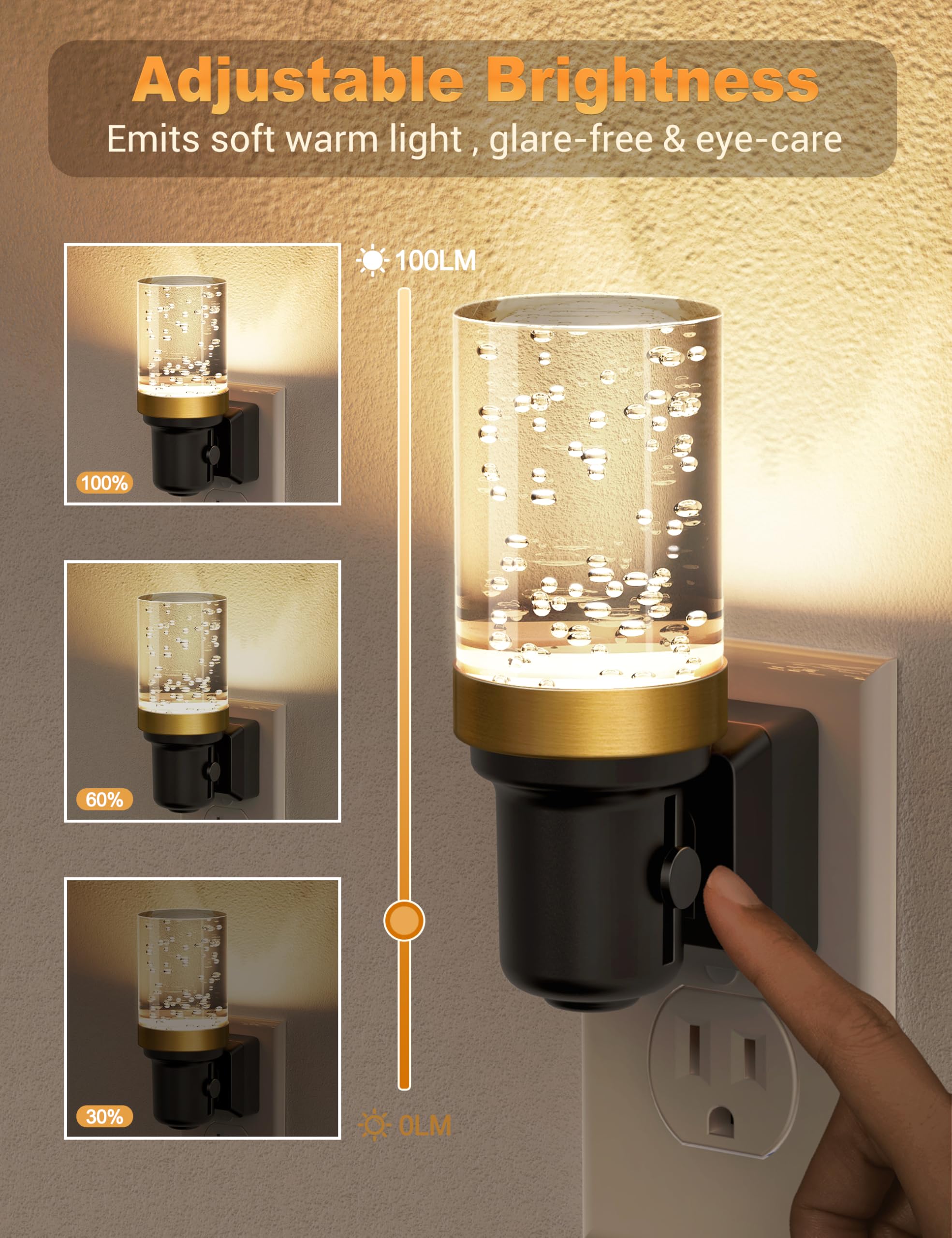Jandcase Night Light, Dimmable Night Lights Plug Into Wall, Auto On/Off Light Sensor Nightlight, 3000K Warm White 0-100Lm Bright