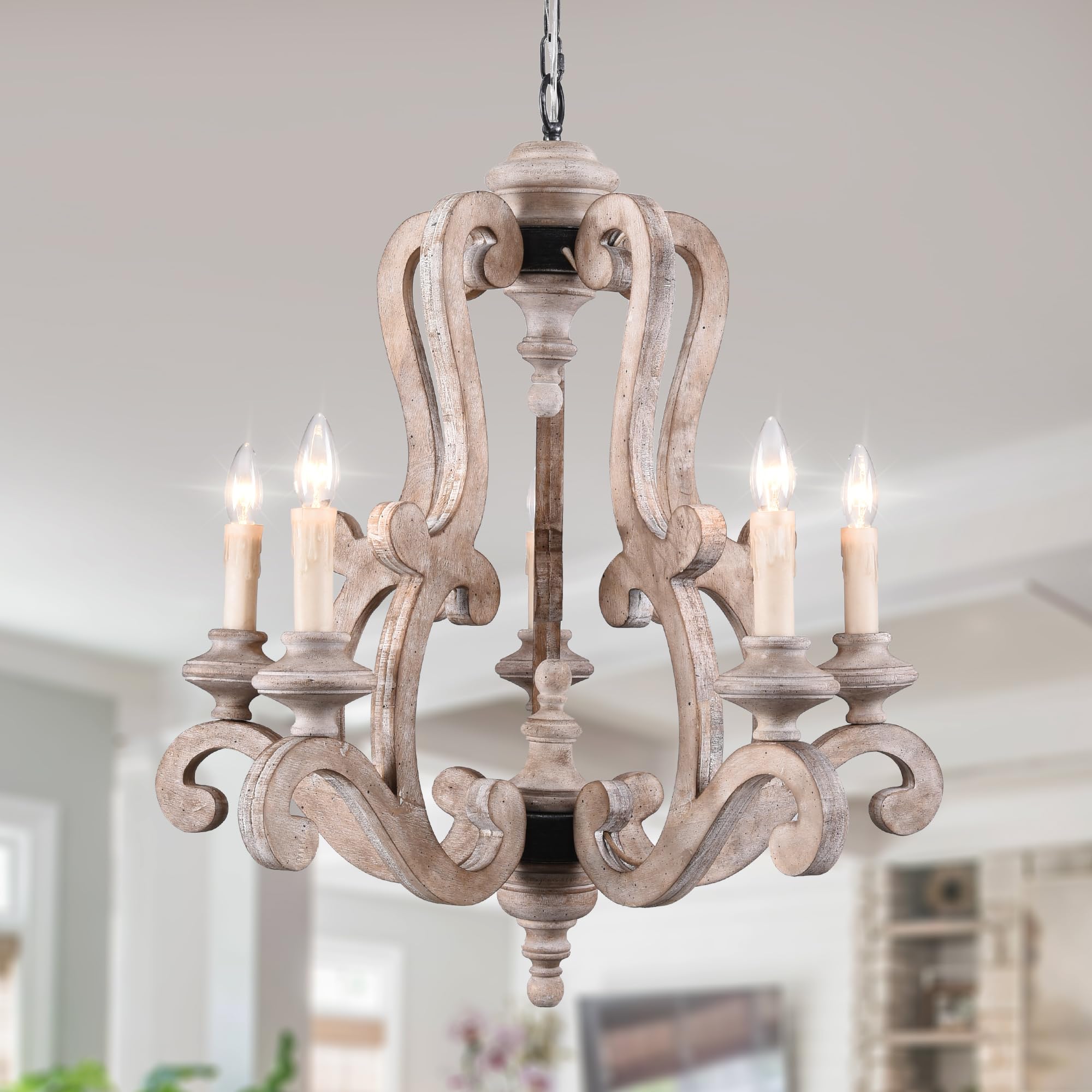 Chords Attic Farmhouse Weathered Wood Chandelier, French Country Empire Pendant Lighting Fixture With 5 Candle Lights, Adjustable Chain, For Kitchen, Dining Room, Foyer, Hallway Etc