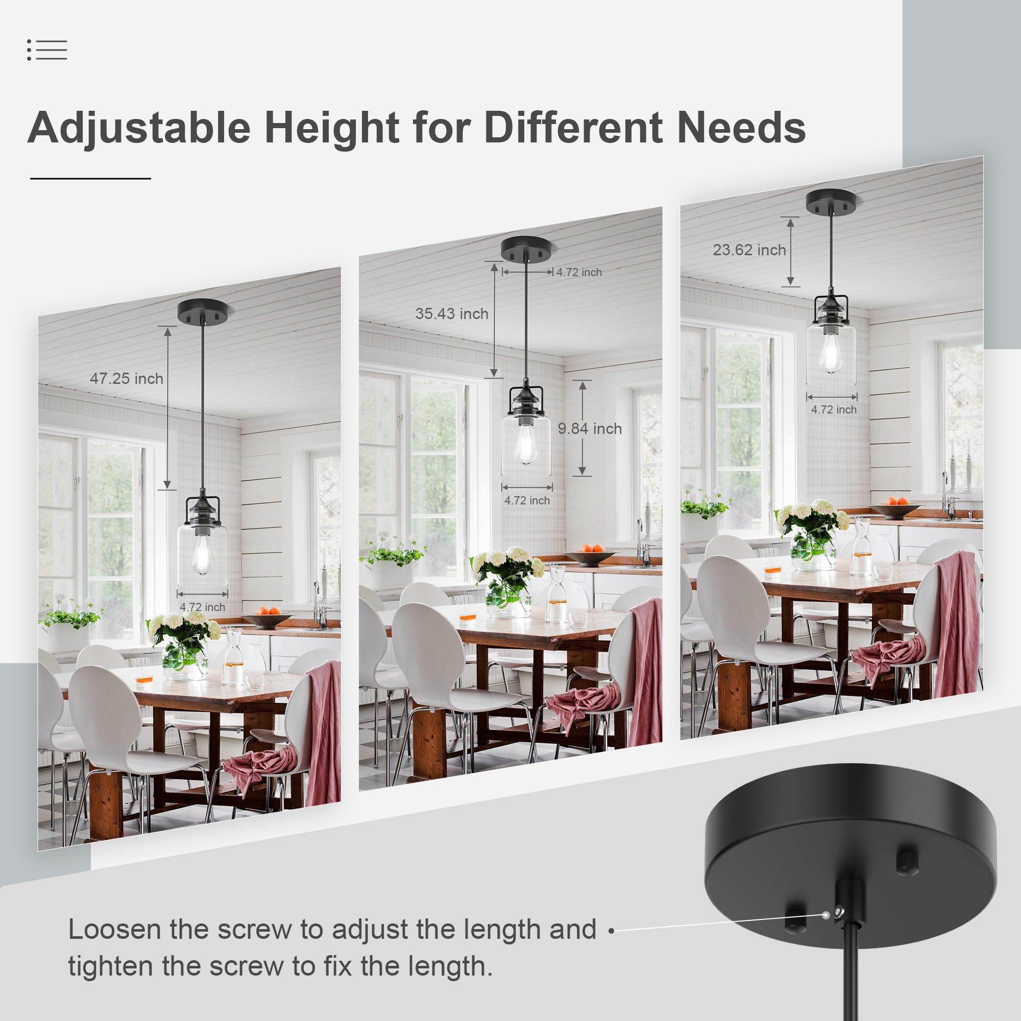 Hansang 3 Pack Pendant Lights For Kitchen Island, Modern Black Hanging Light Fixture, 47Inches Island Lights, Adjustable Rope, F