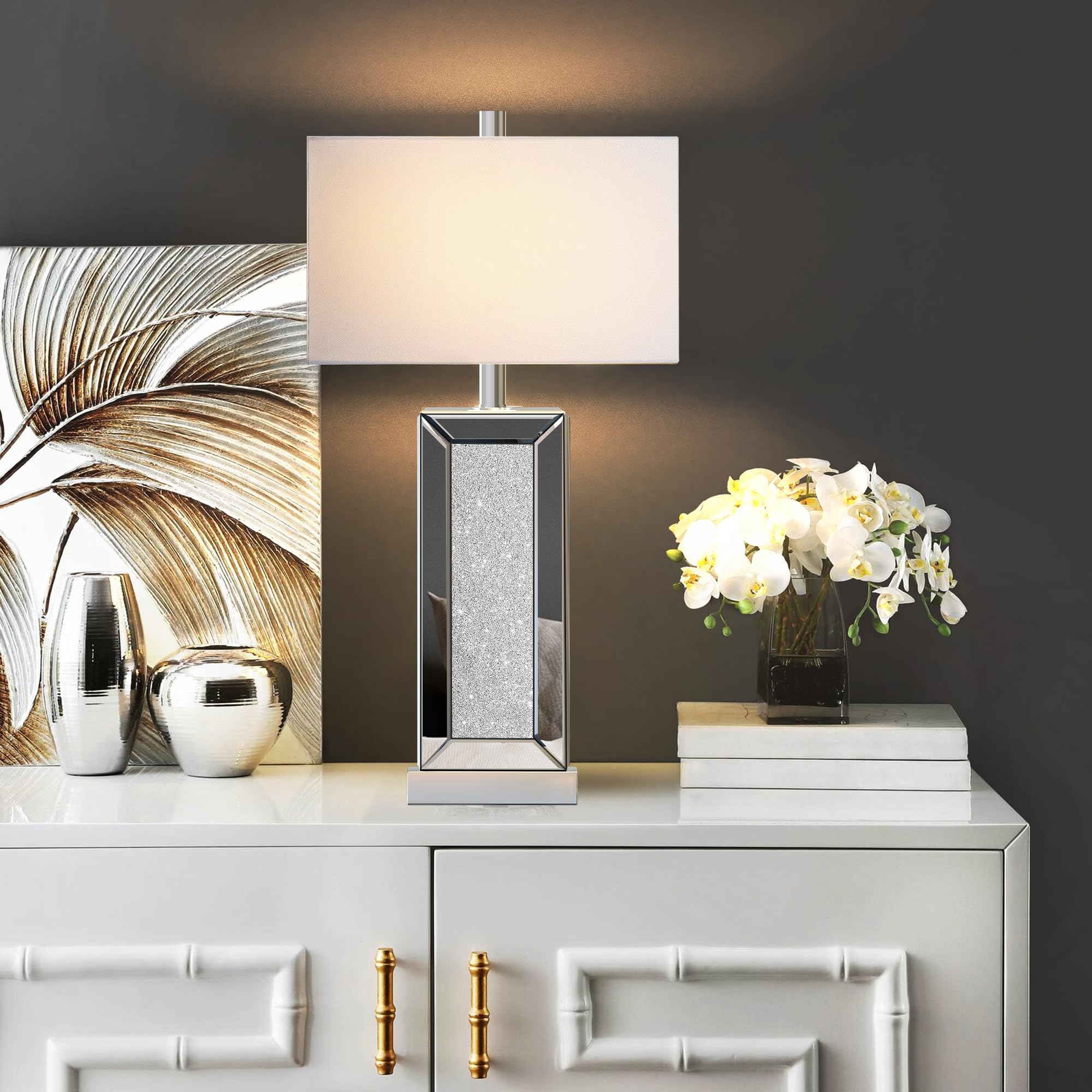 PARTPHONER Modern Table Lamp Set of 2, Silver Crystal Touch Control, 3-Way Dimmable, USB Ports, White Fabric Shade, Model STR-DL-0191