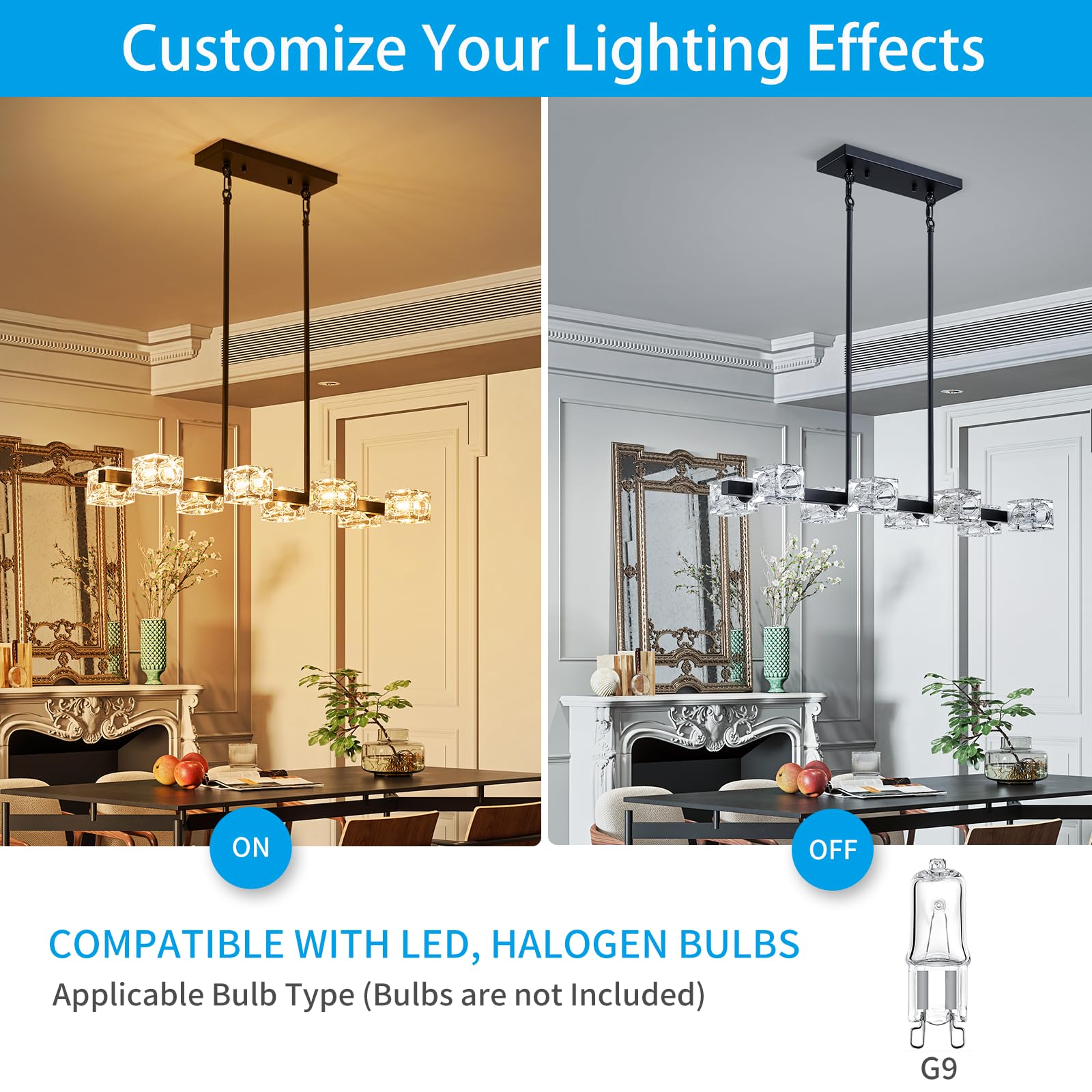 Xingqi Modern Glass Chandeliers For Dining Room Rectangular Black 8-Light Linear Pendant For Lighting Kitchen Island Living Room