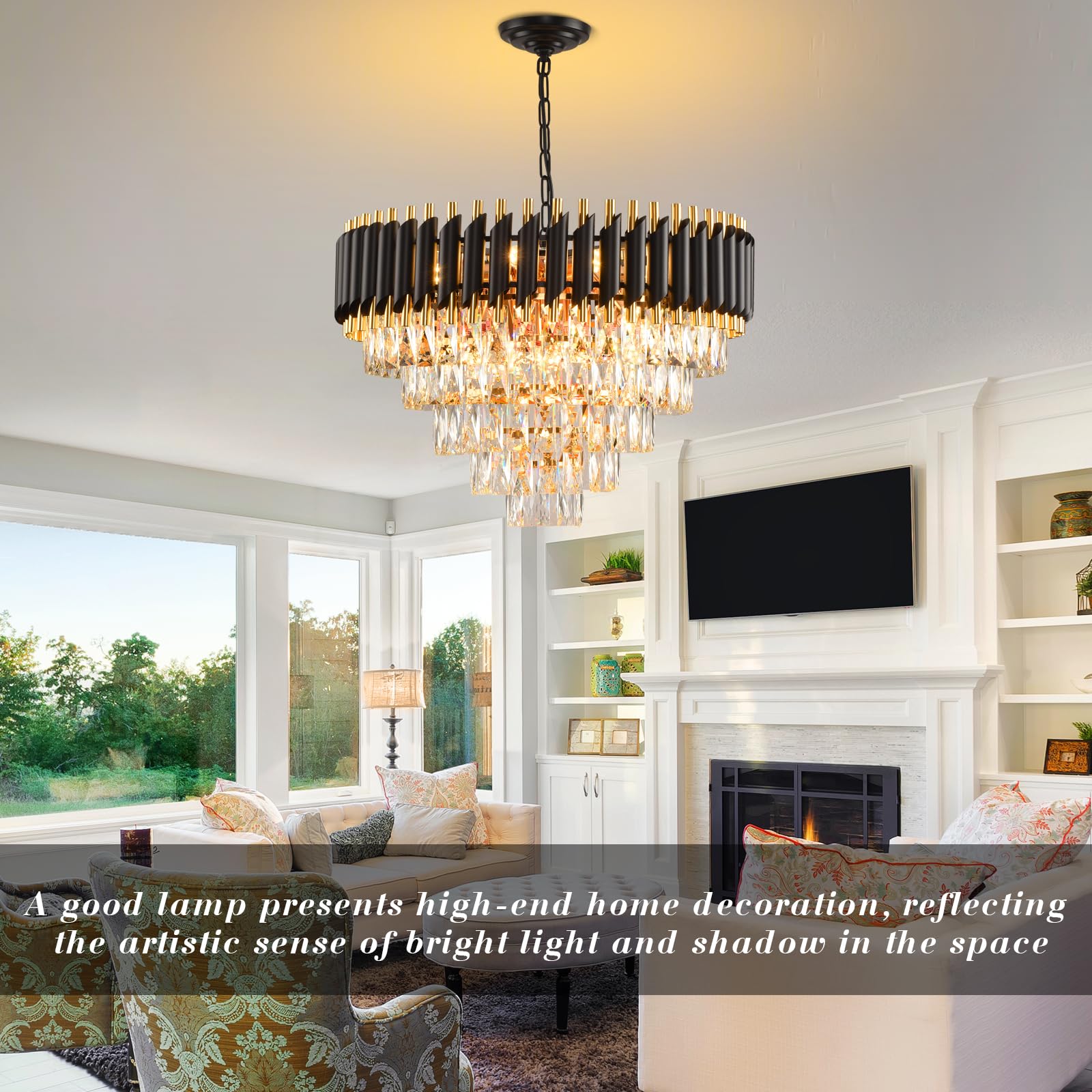 Gold Modern Crystal Chandelier 5-Tier Round Living Room Chandelier Light Fixture Black Large Crystal Chandeliers Pendant Ceiling