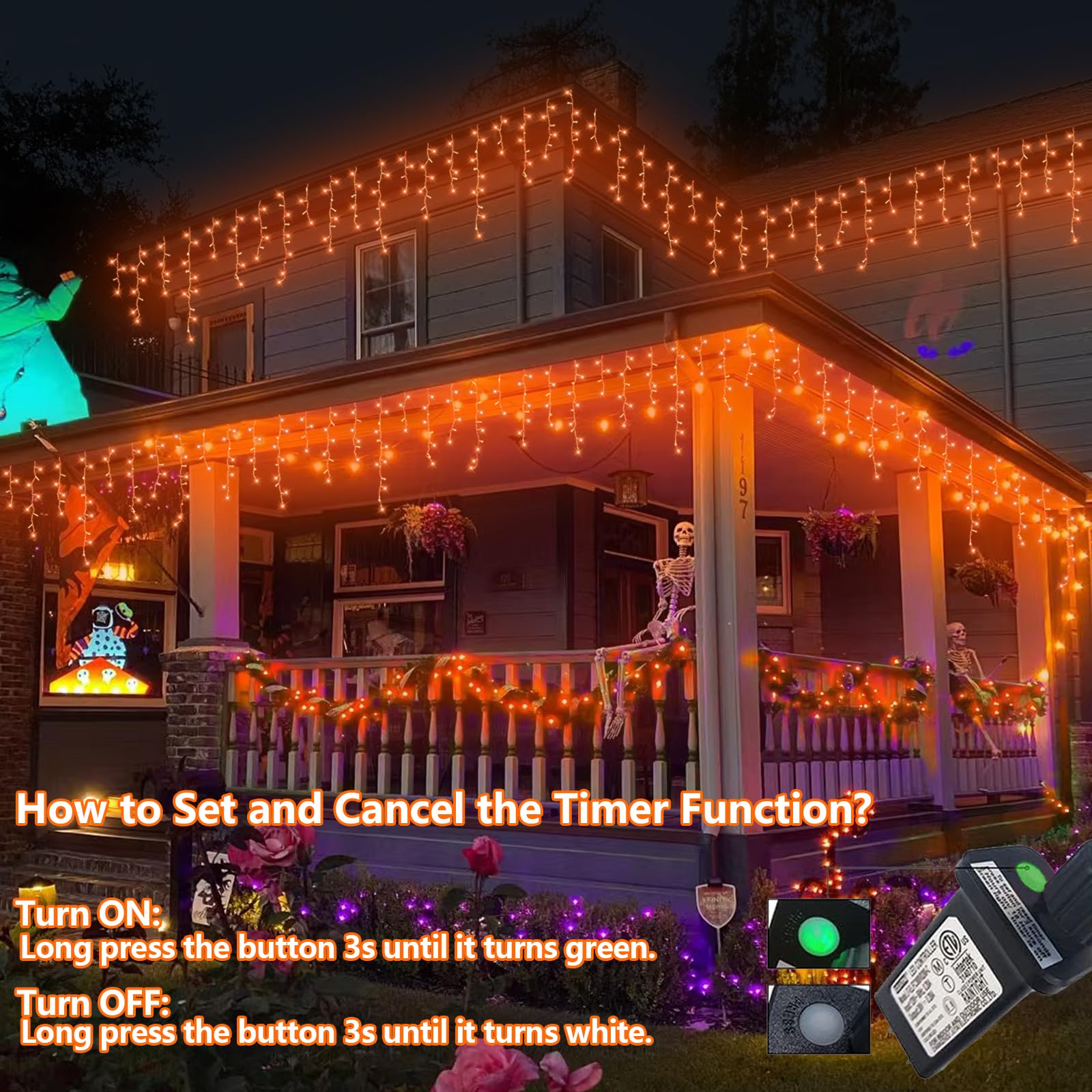 YEGUO 33ft 400 LED Icicle Halloween Lights, Waterproof Indoor/Outdoor, Orange, Model JT-EL/FC300V0200-C