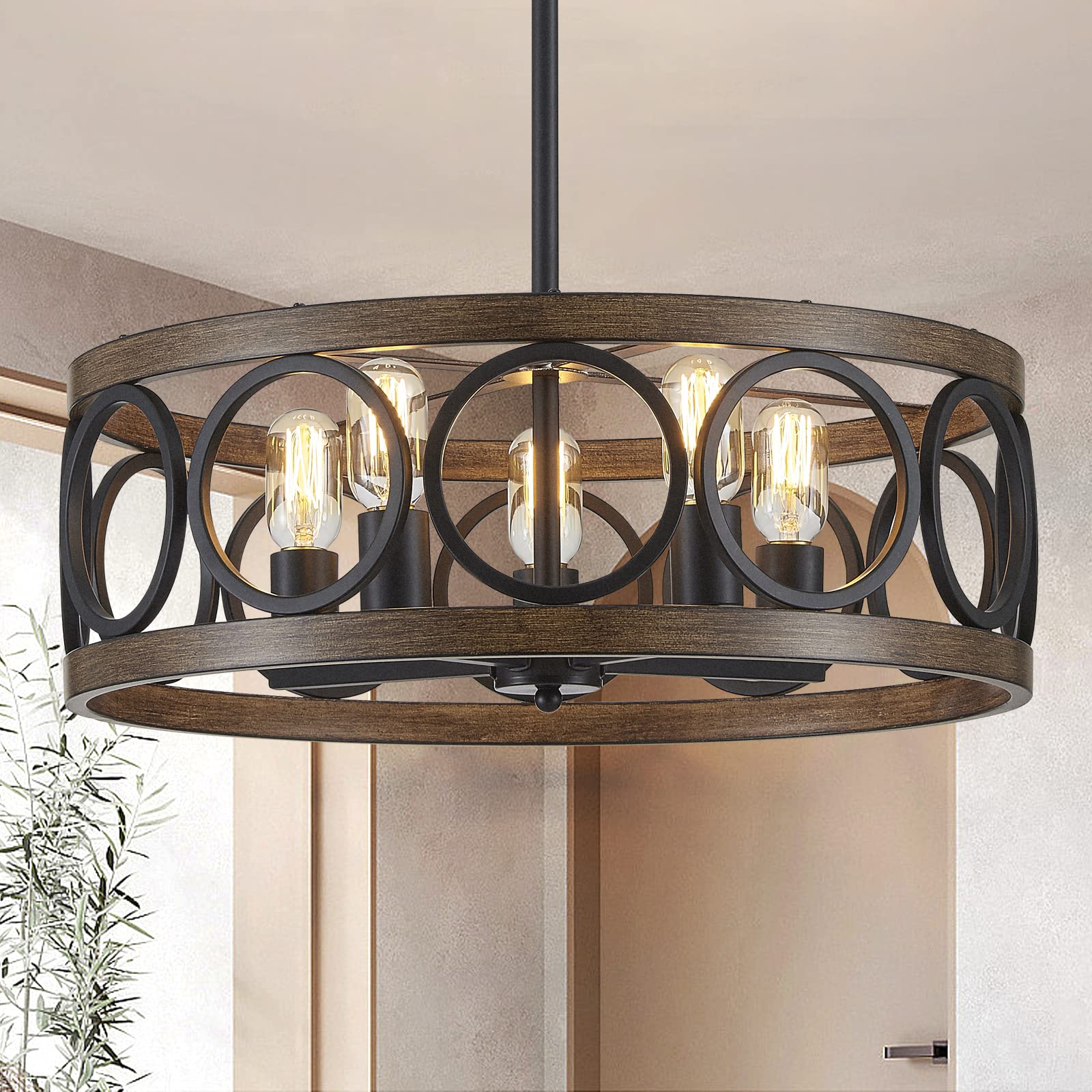 Peskoe Black Dining Room Light Fixtures, Modern Farmhouse Chandelier For Dining Room Living Room Kitchen, 22'' Drum Metal Black And Wood Grain Finish, 5-Light Round Hanging Chandelier Pendant