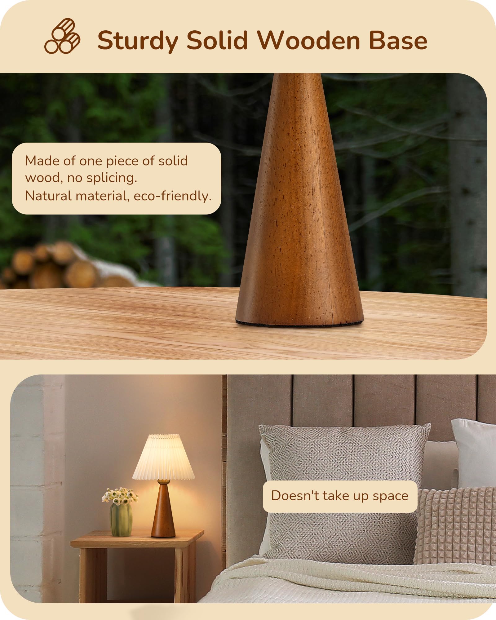 EDISHINE Small Table Lamp, Wooden Base, White Pleated Shade, E26, Dark Rosewood